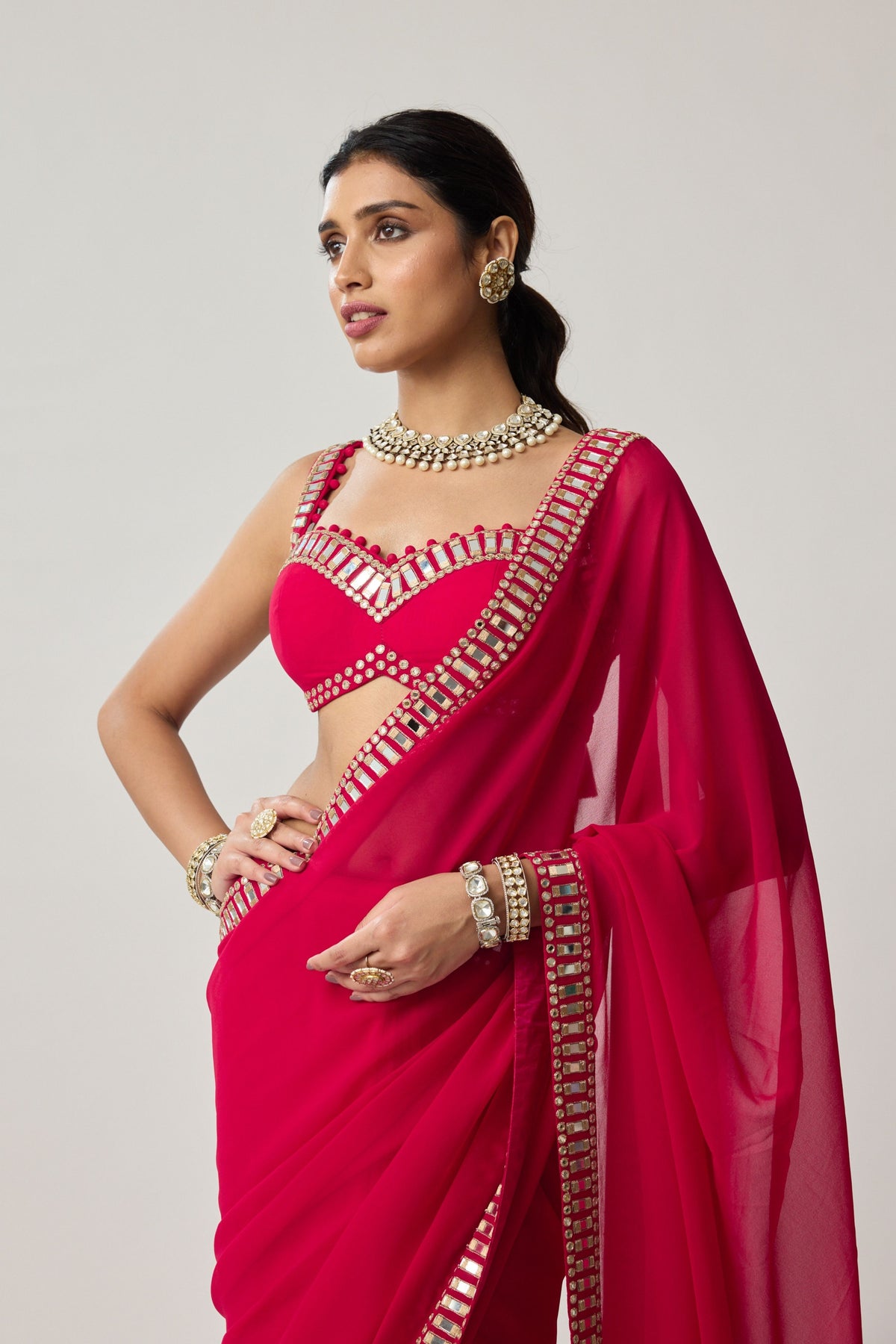 Crimson Red Georgette Saree Set