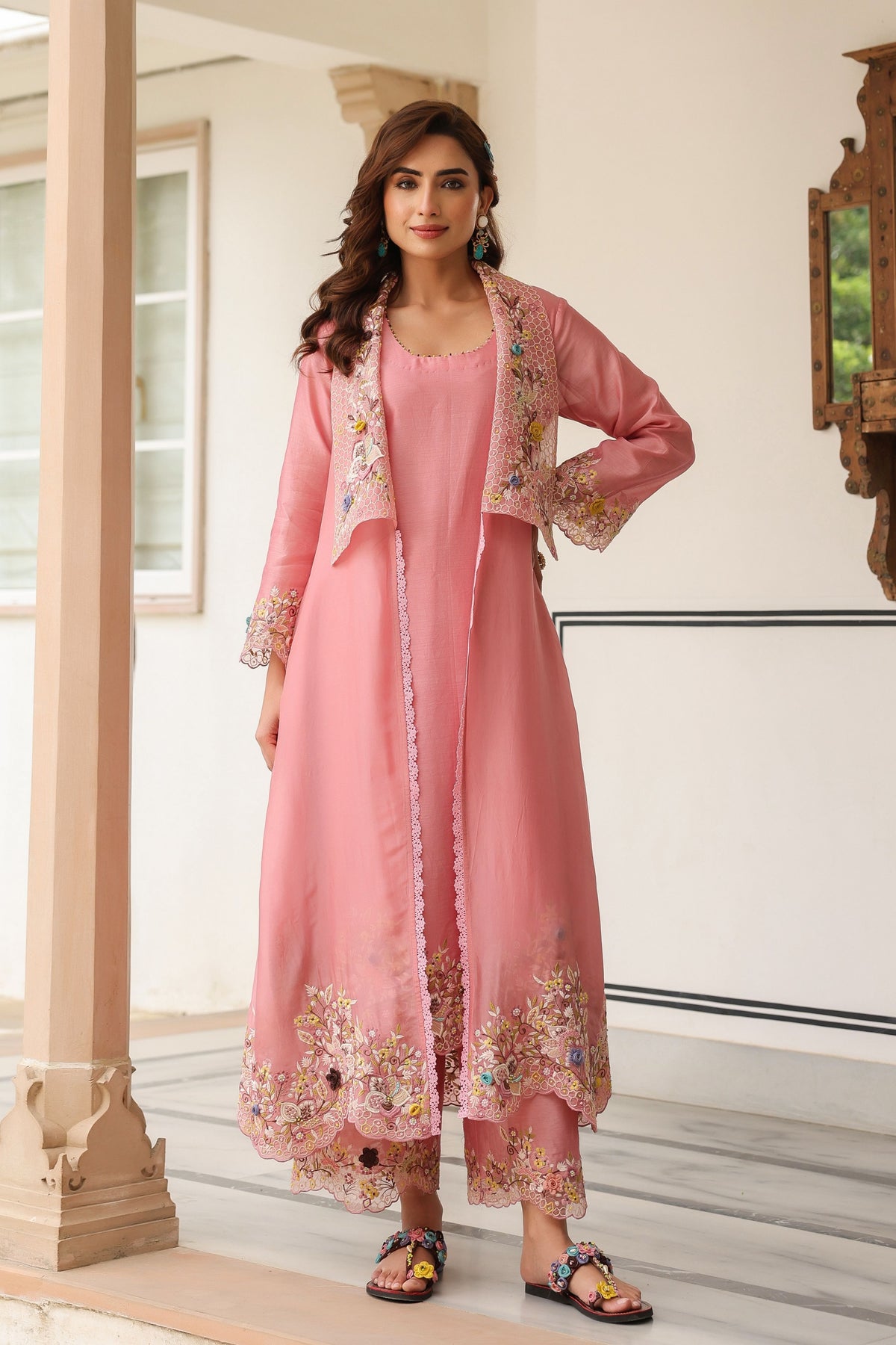 Gulzar Pink Embroidered Jacket Set
