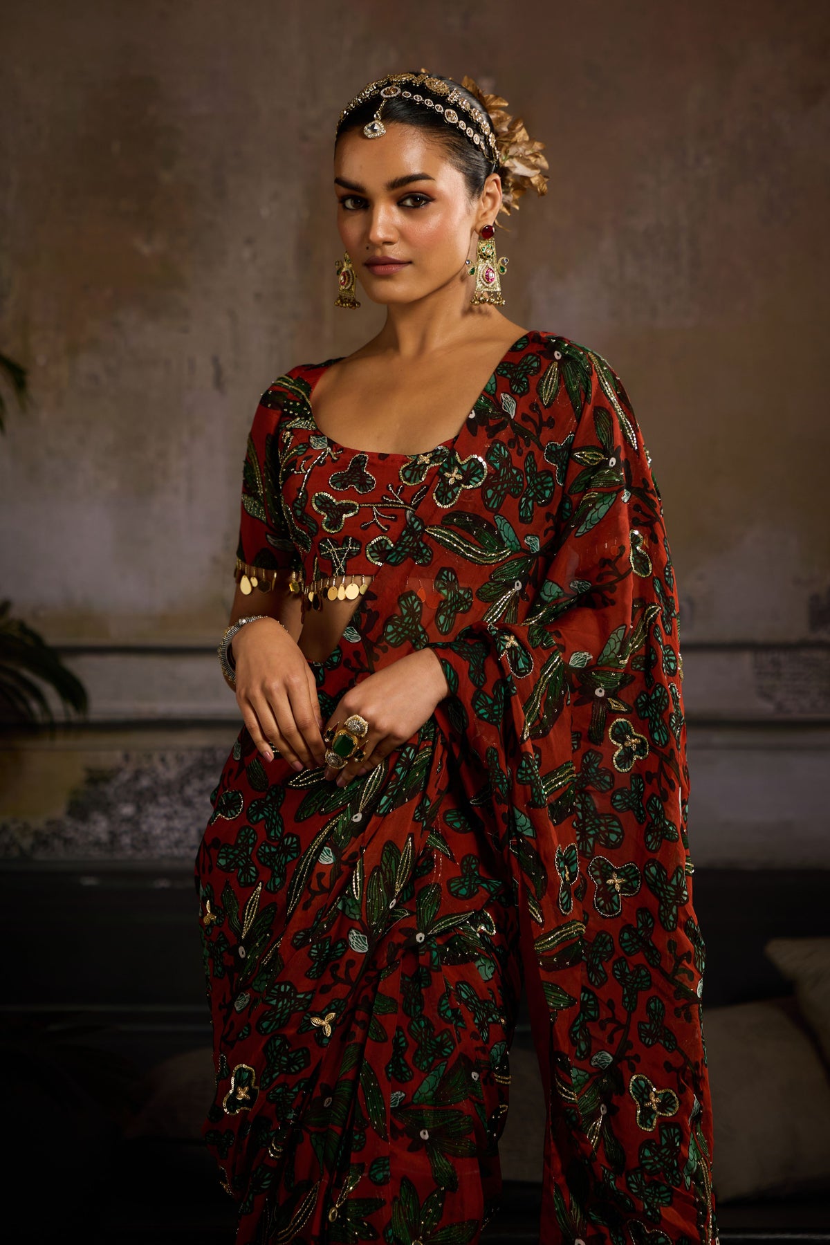 Rust Leaf Print Pre-draped Saree Set
