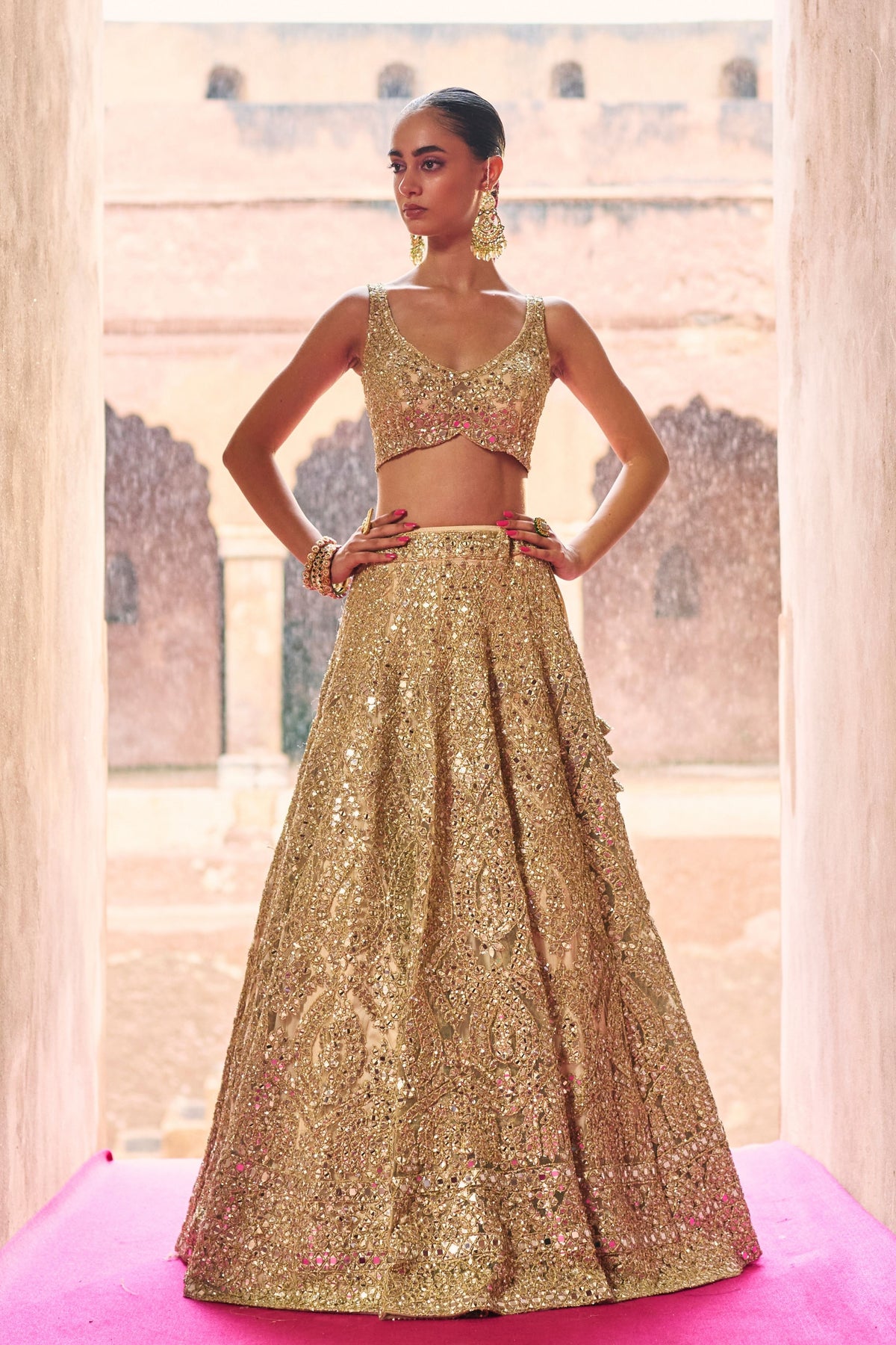 Gold Net Lehenga Set