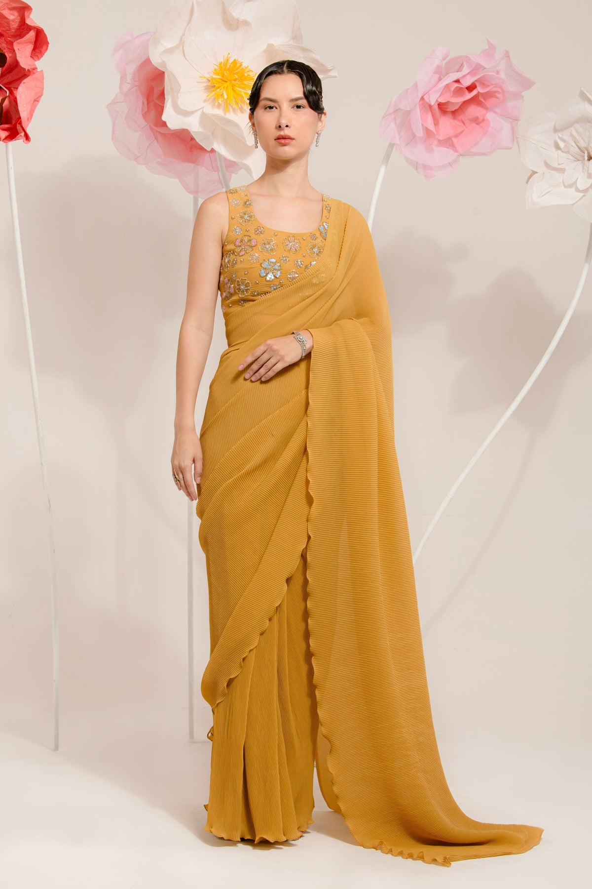 Pre-draped Mustard Pleated Saree