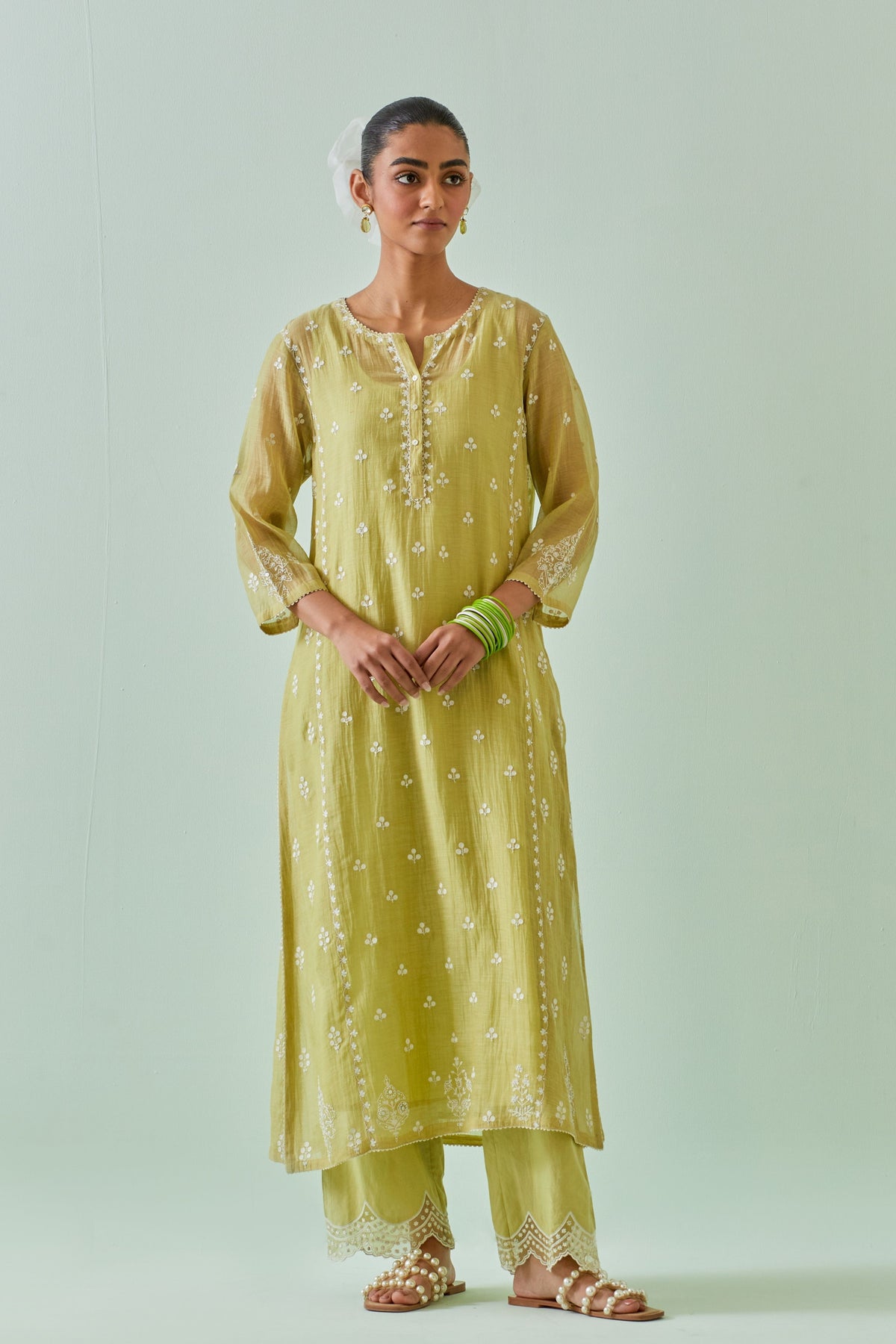 Green Scalloped Straight Kurta Set