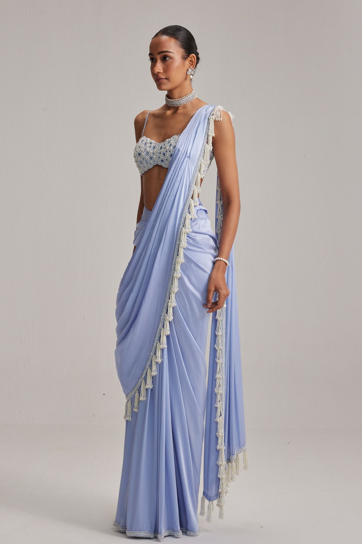 Dew Blue Satin Draped Saree Set