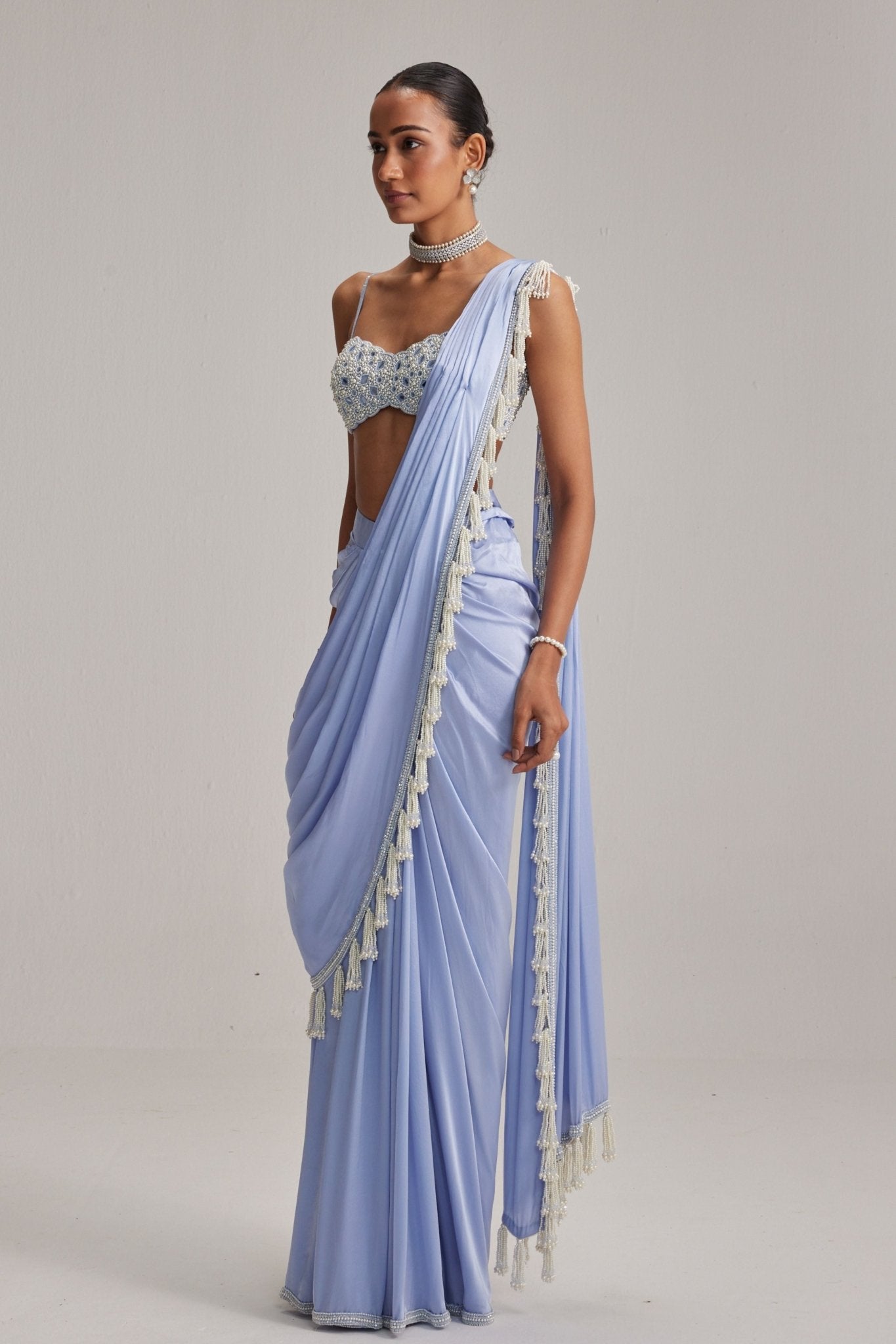 Dew Blue Satin Draped Saree Set - Vvani by Vani Vats - Elahe