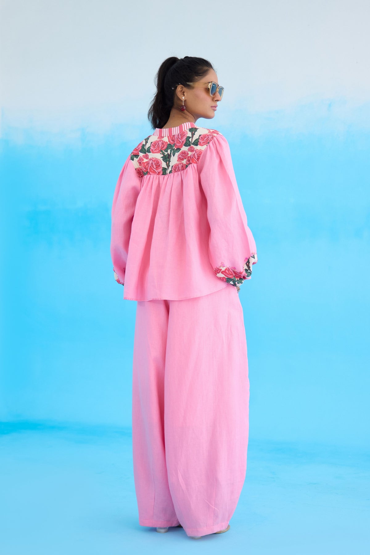 Pink Rose Bubble Sleeves Top