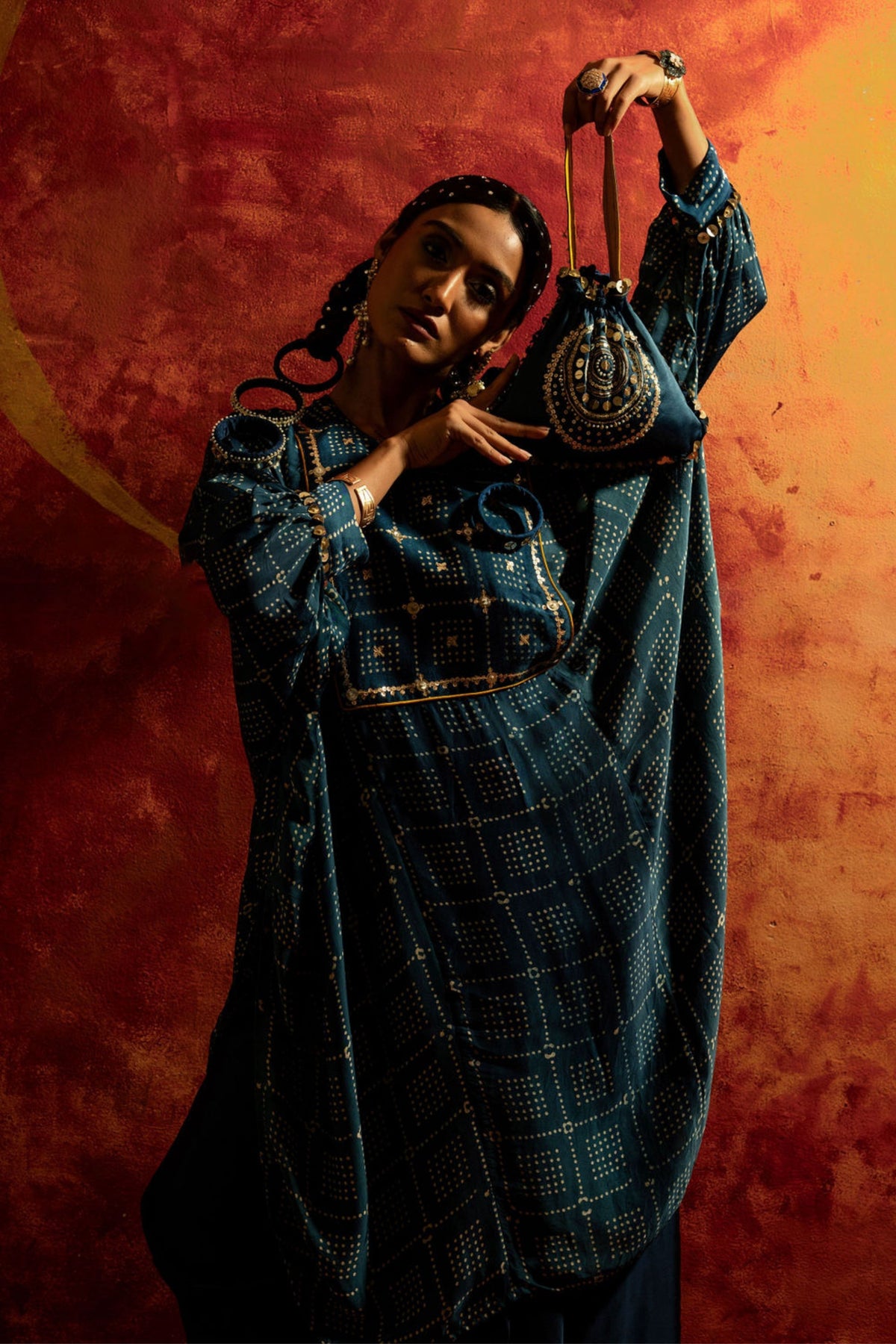 Hira Ajrakh Indigo Kaftan Set