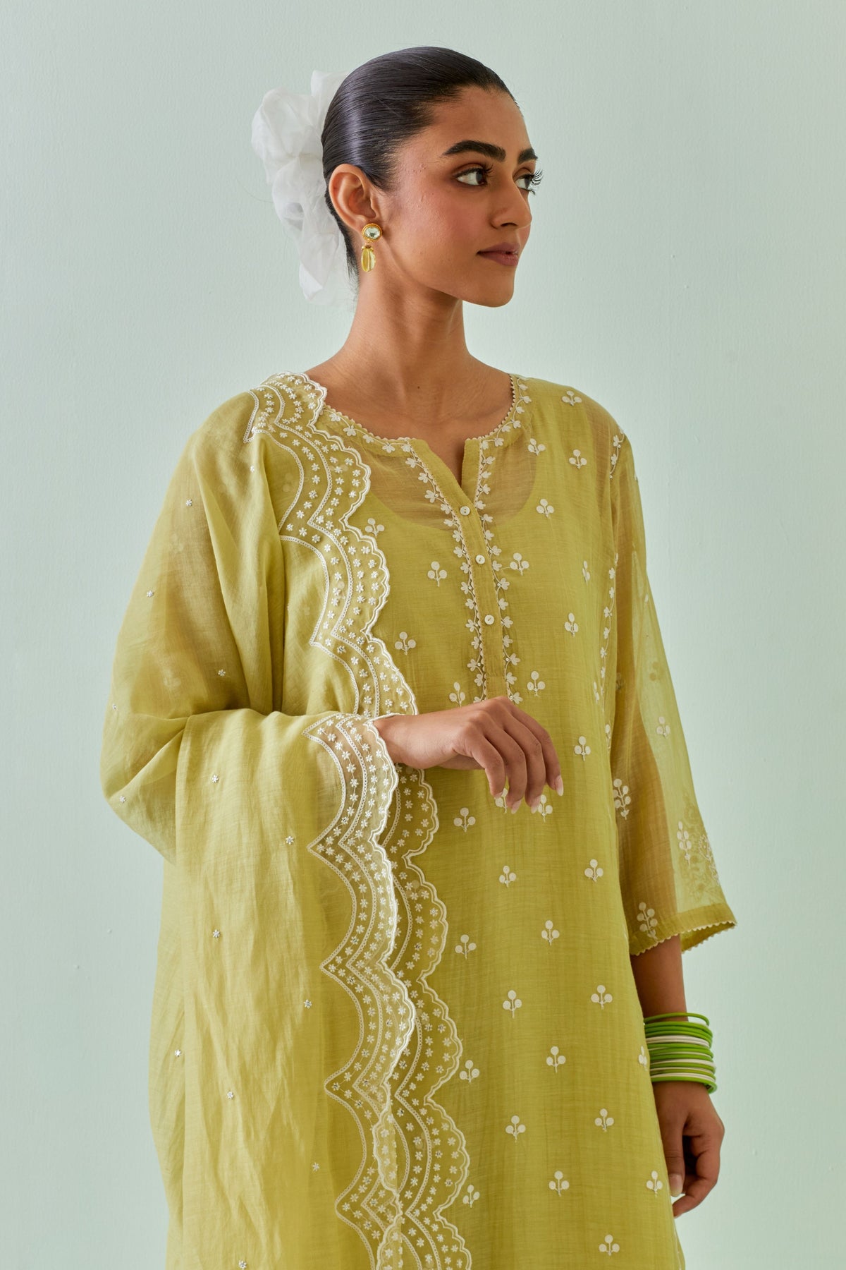 Green Scalloped Straight Kurta Set