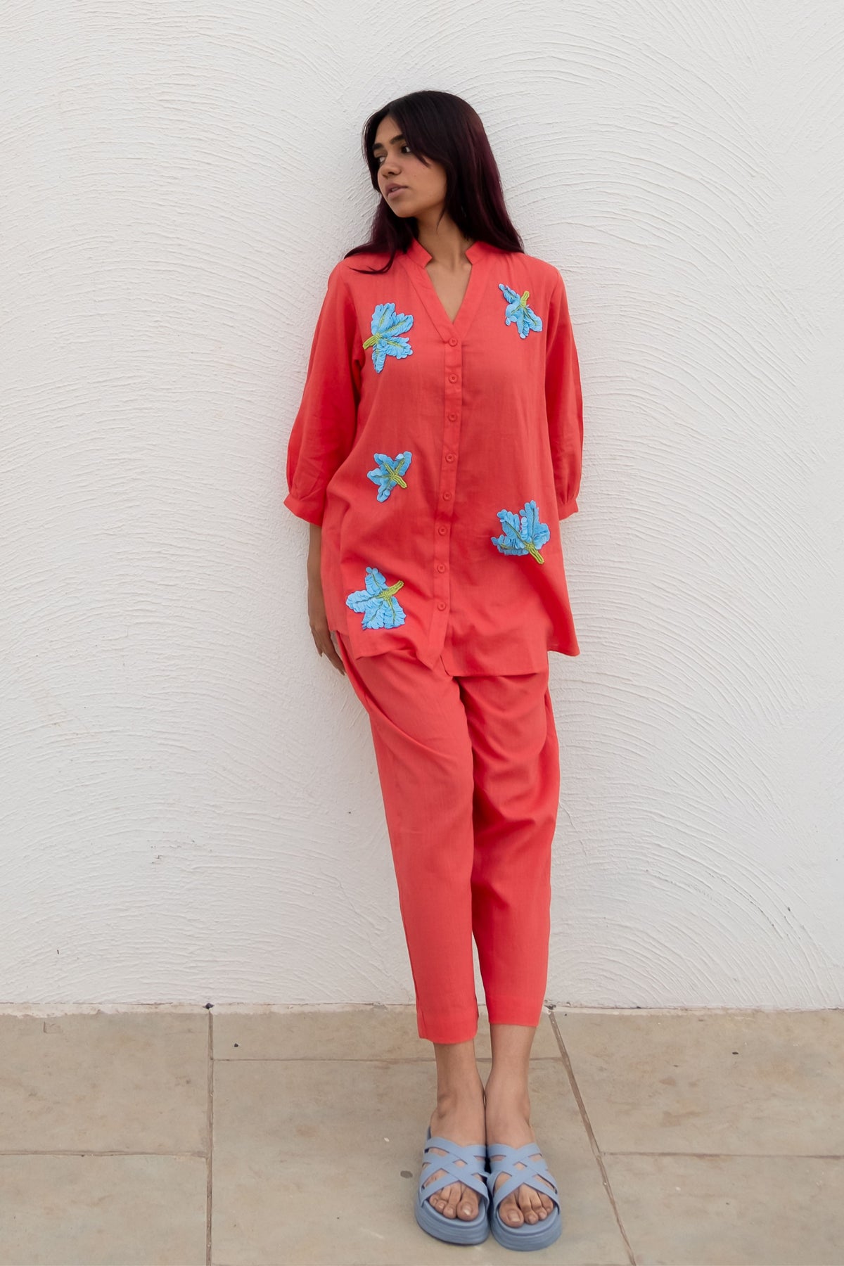 Coral Embroidered Co-ord Set