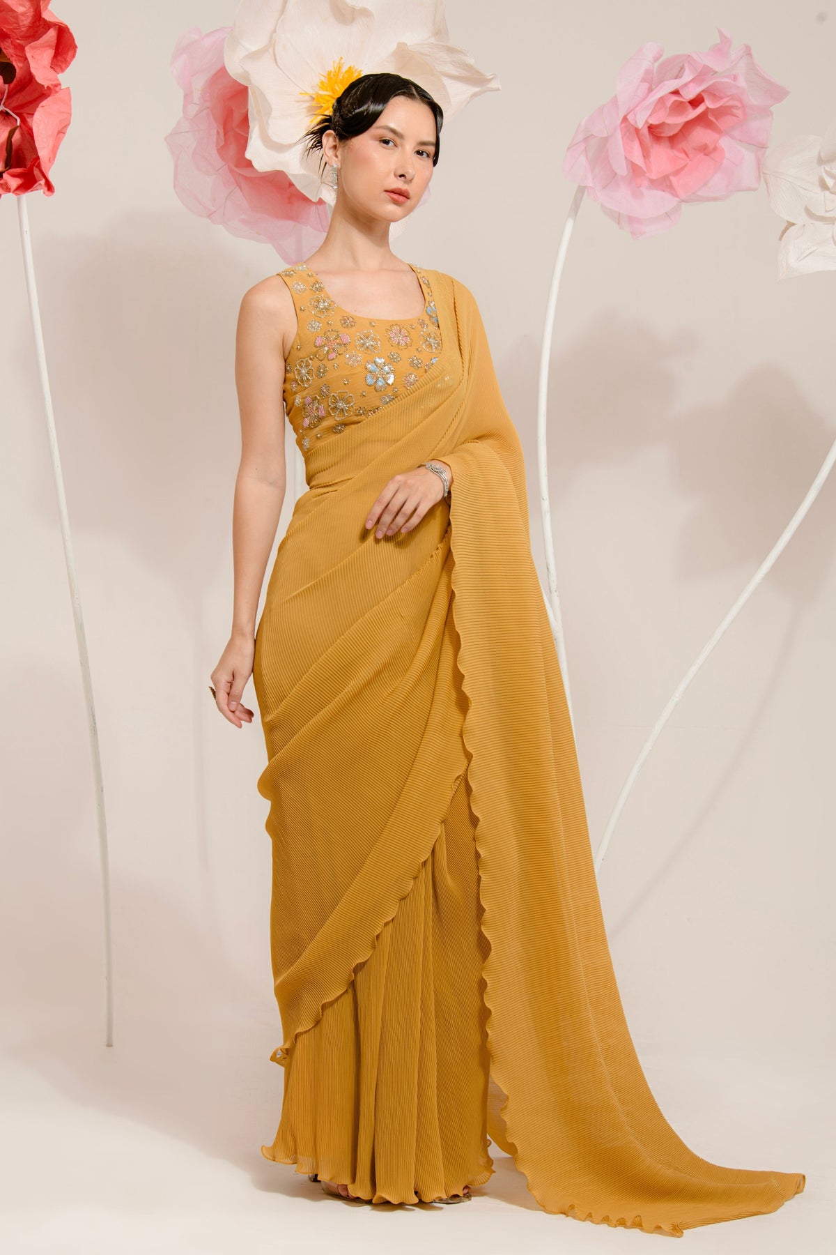 Pre-draped Mustard Pleated Saree