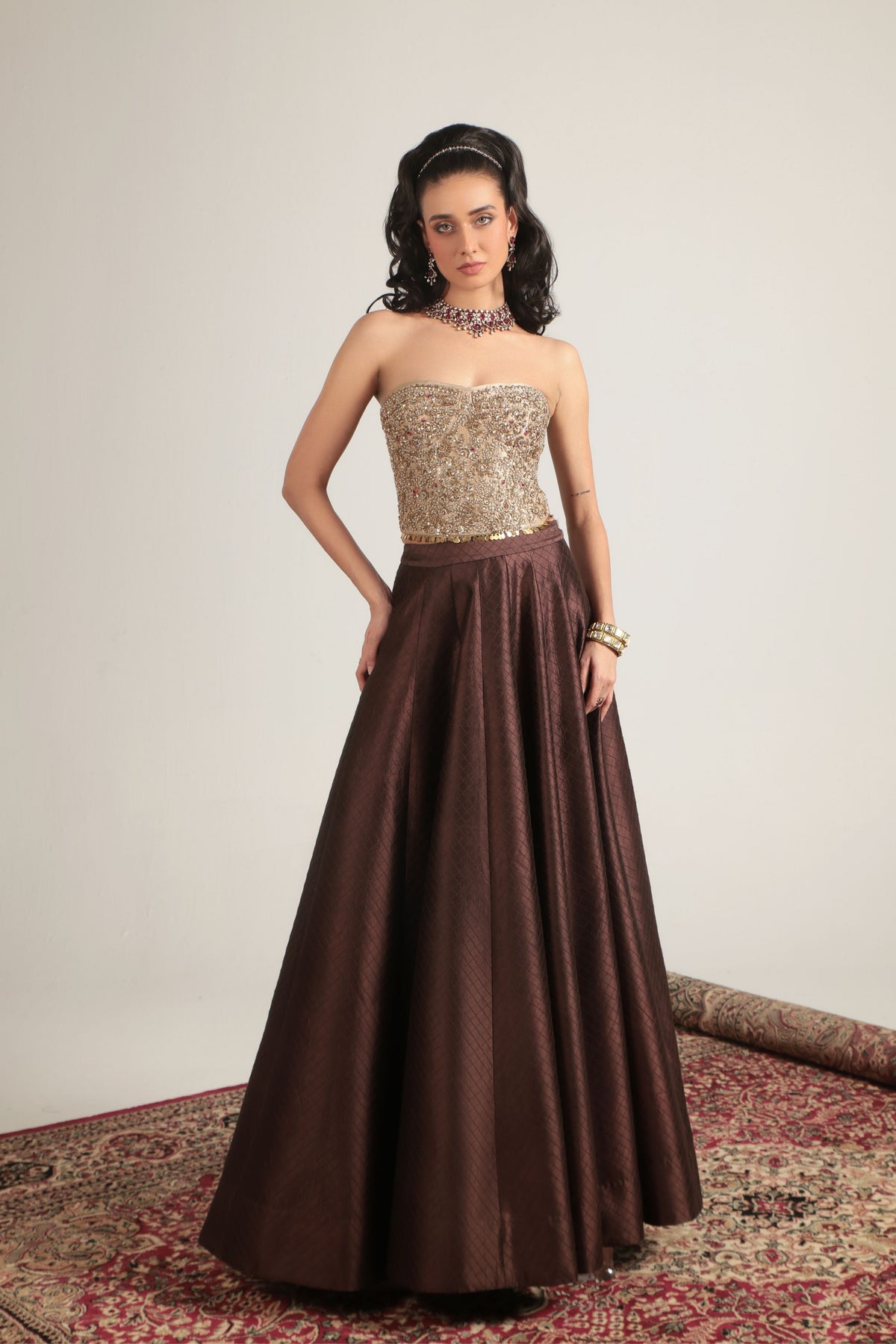 Brown Corset Quilted Lehenga Set