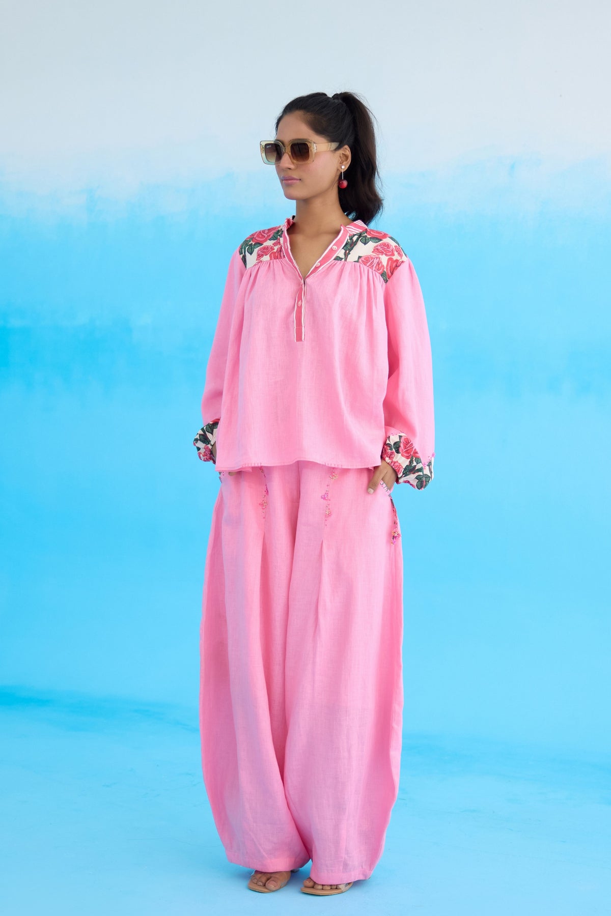 Pink Rose Bubble Sleeves Top