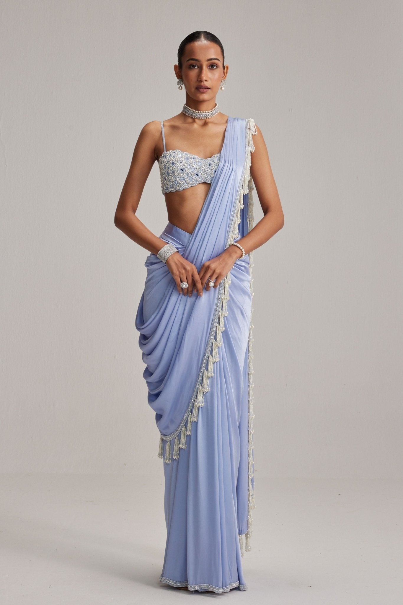 Dew Blue Satin Draped Saree Set - Vvani by Vani Vats - Elahe