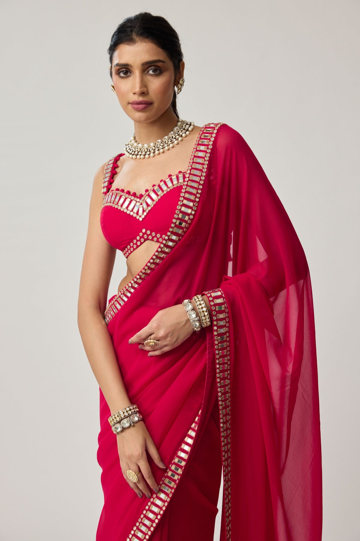 Crimson Red Georgette Saree Set