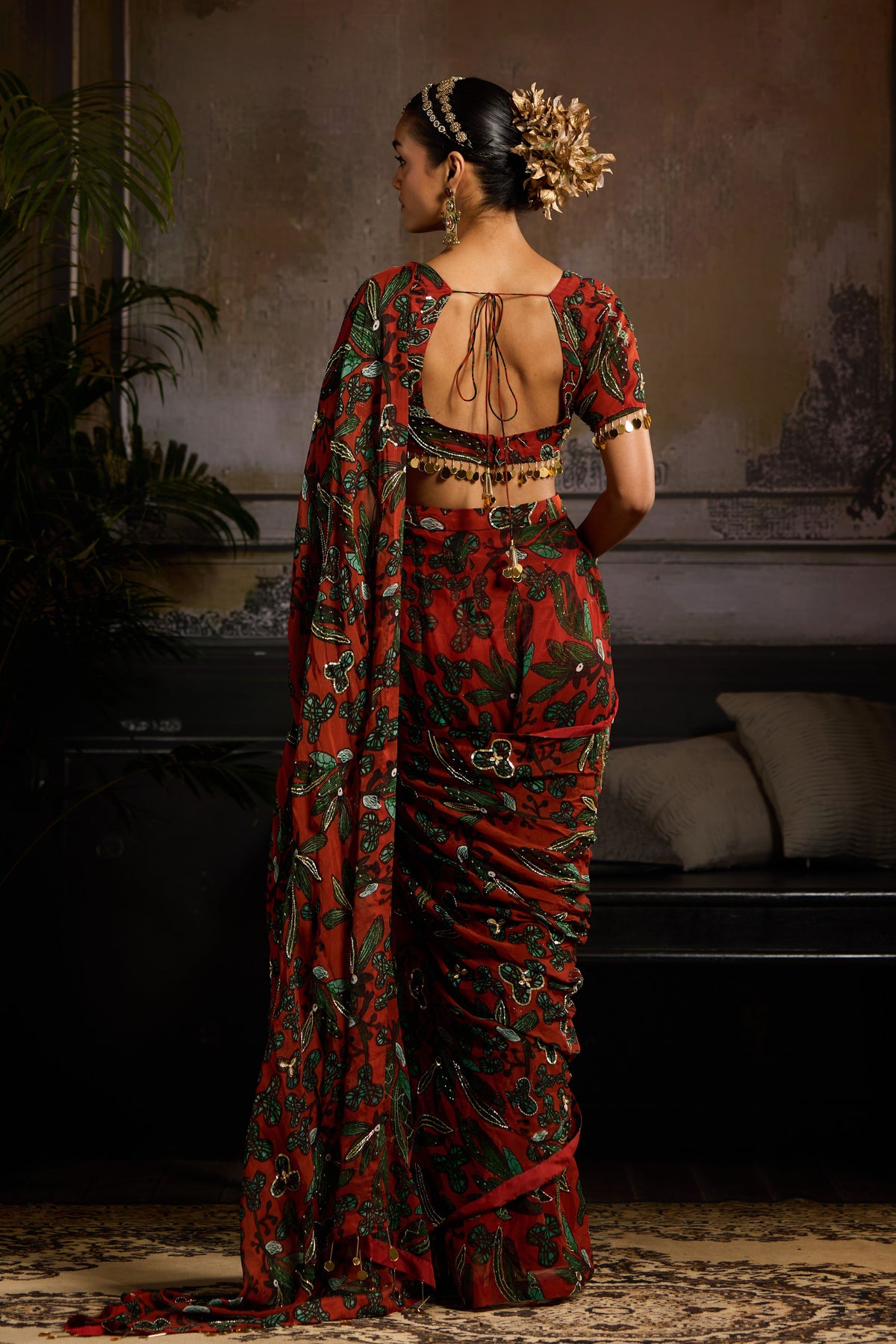 Rust Leaf Print Pre-draped Saree Set