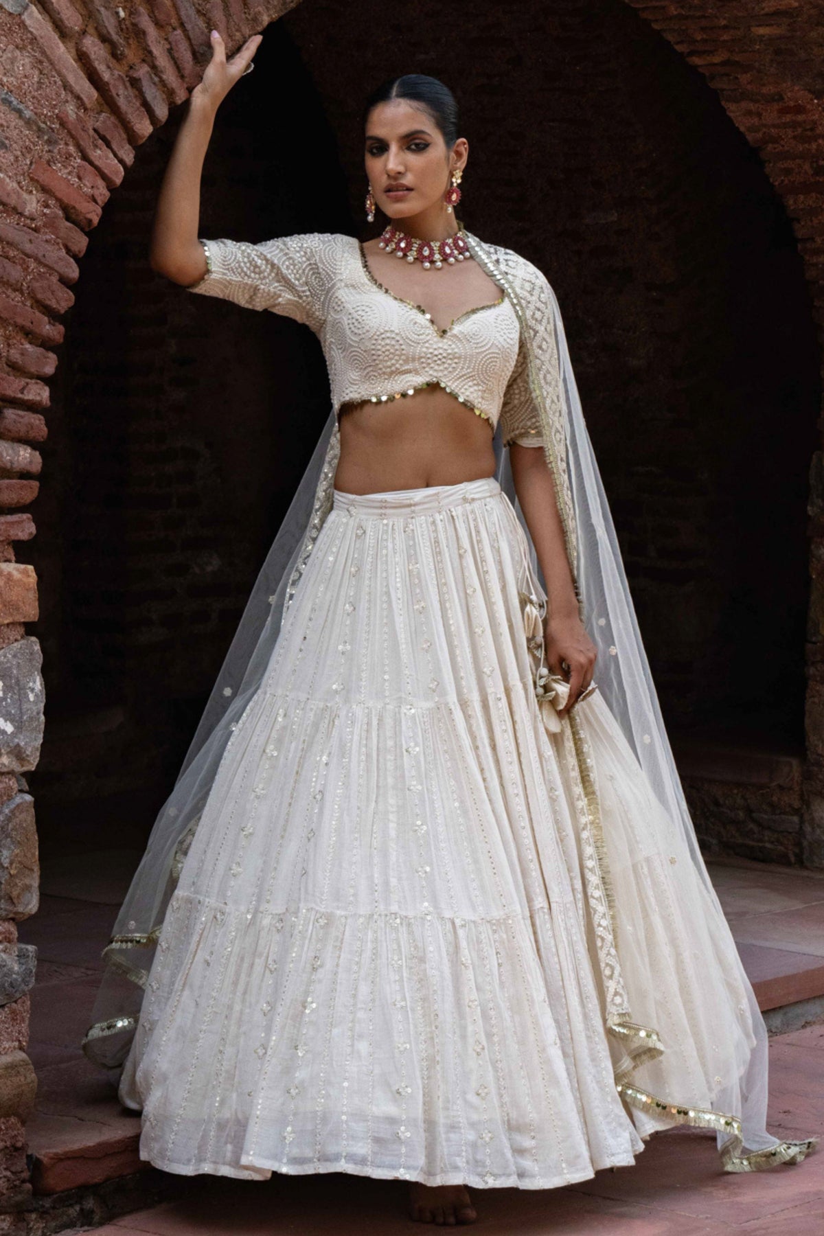 Off White Embroidered Maharani Lehenga Set