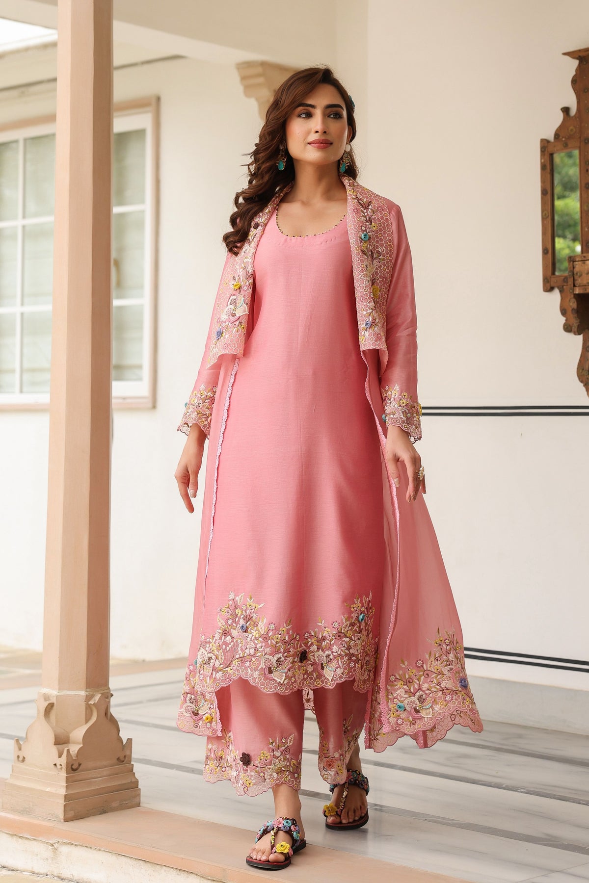 Gulzar Pink Embroidered Jacket Set