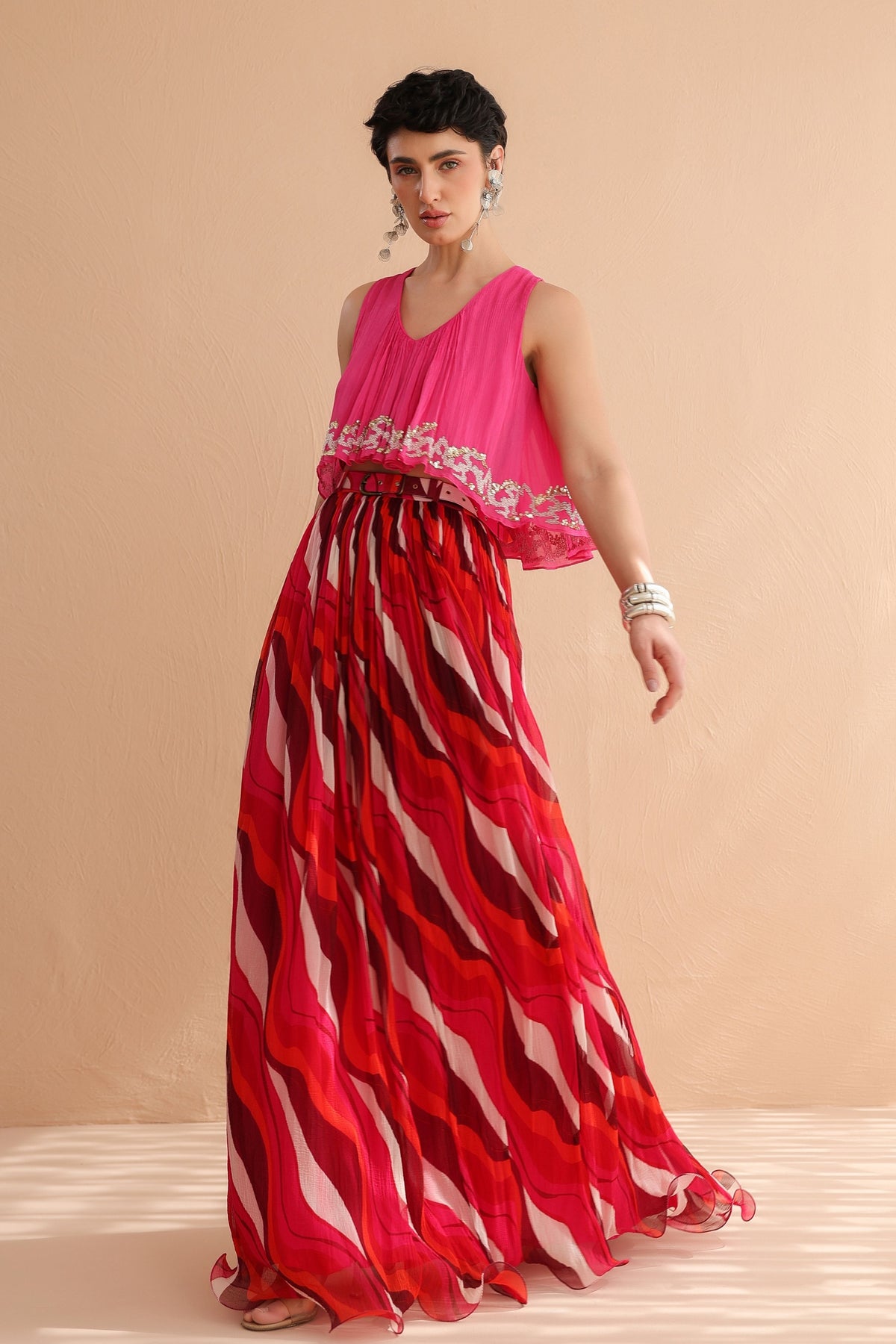 Fuchsia Collar Boho Skirt Set