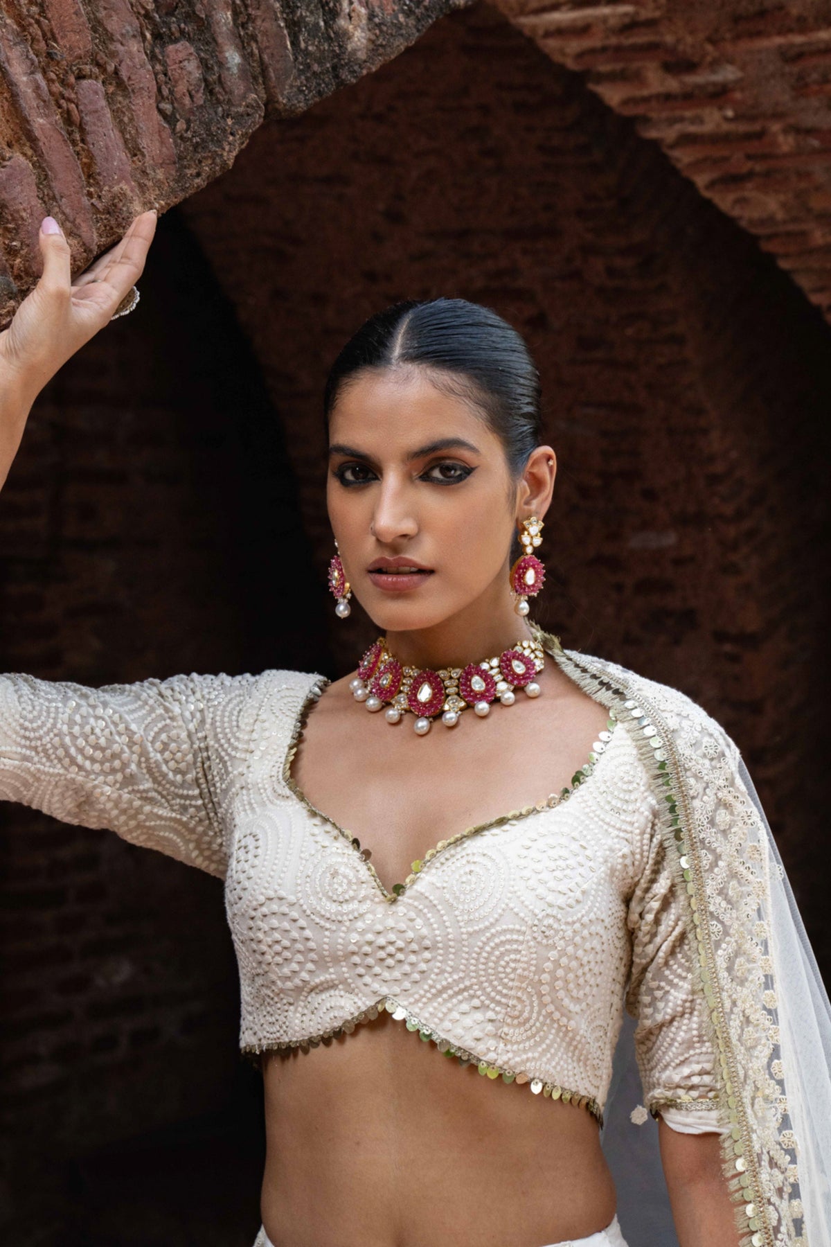 Off White Embroidered Maharani Lehenga Set