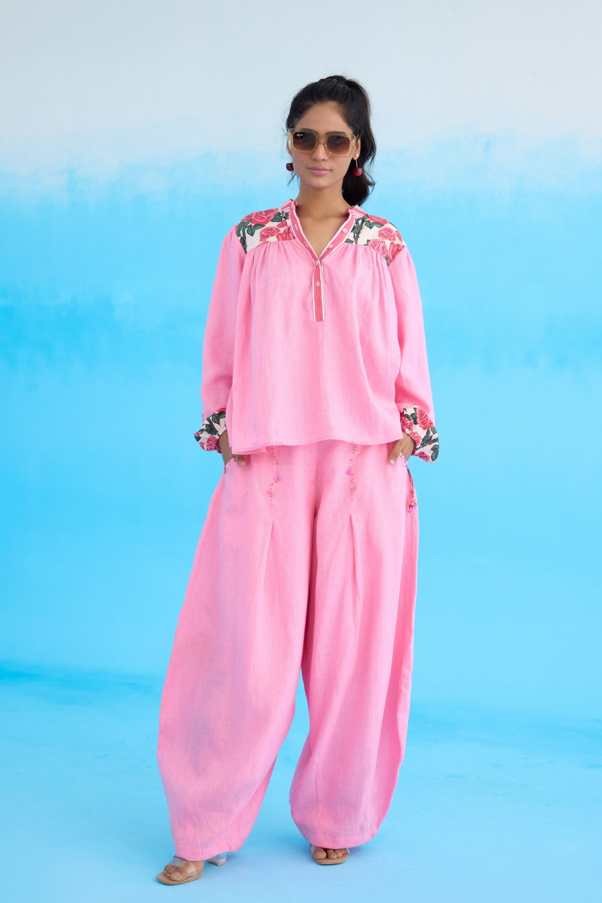 Pink Rose Bubble Sleeves Top