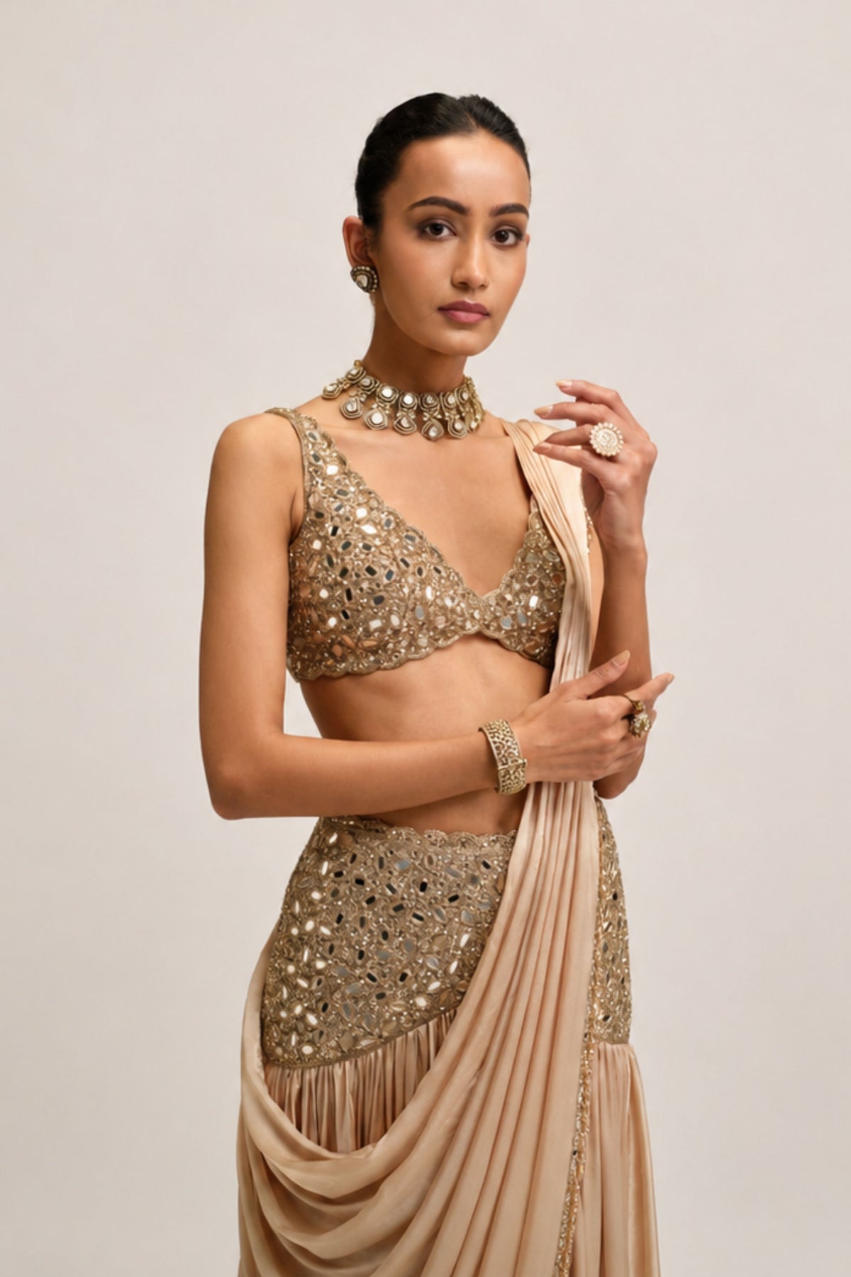 Modern Beige Draped Saree Set