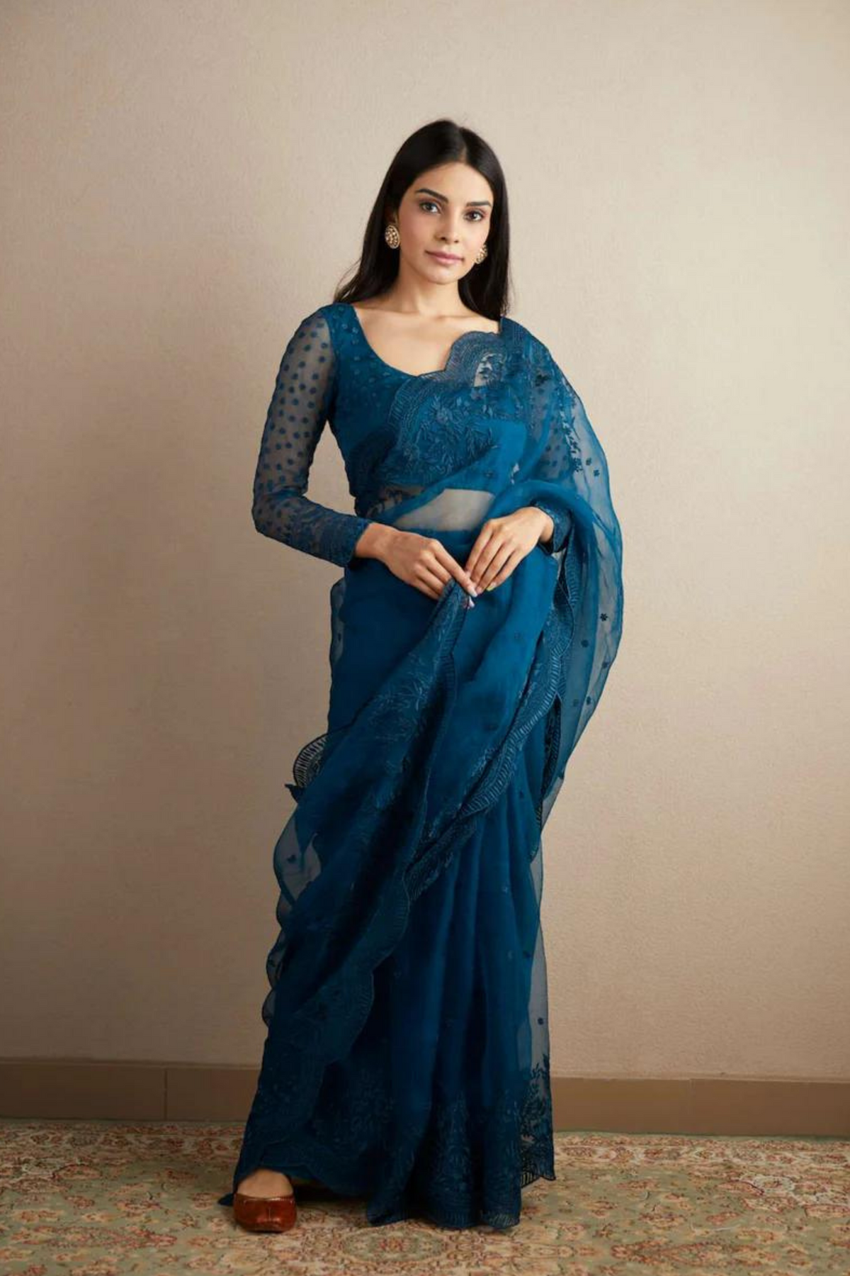 Teal Blue Organza Saree Set