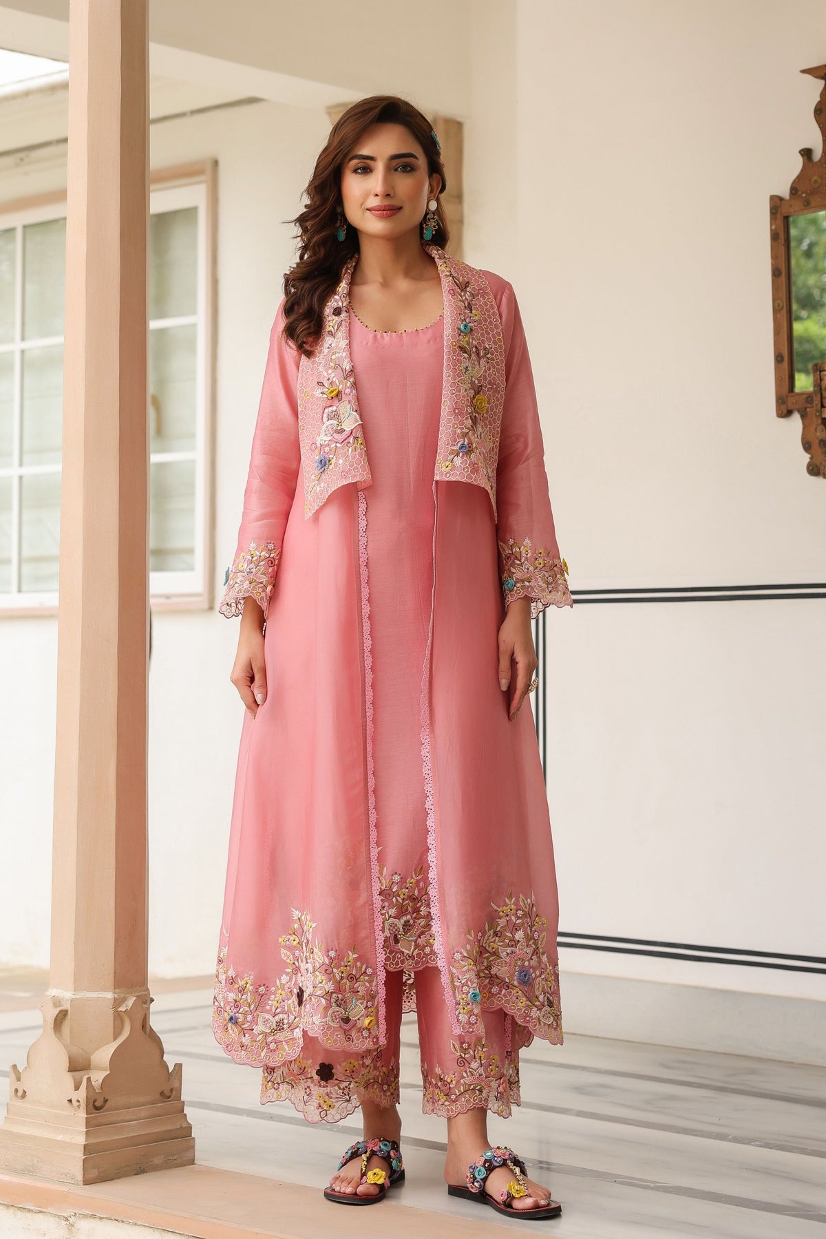 Gulzar Pink Embroidered Jacket Set