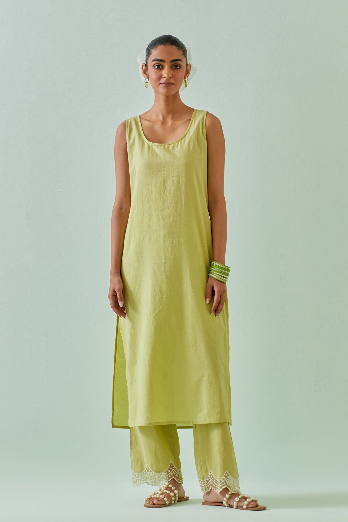 Green Scalloped Straight Kurta Set