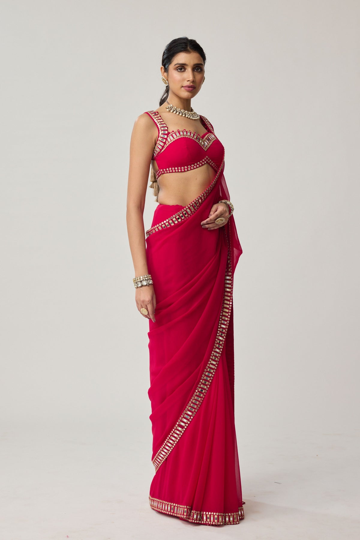 Crimson Red Georgette Saree Set