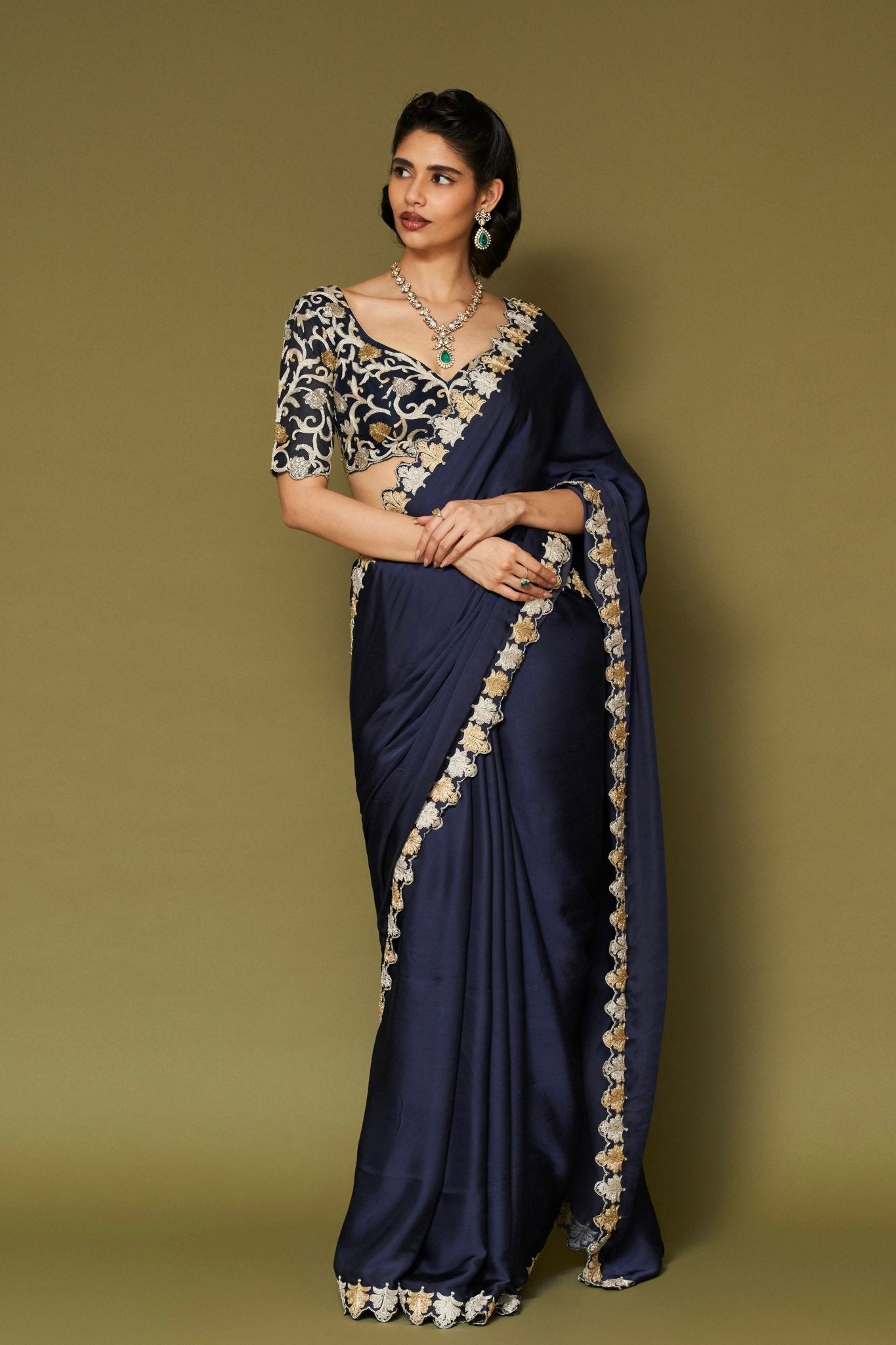 Navy Embroidered Modal Satin Saree Set - Devnaagri - Elahe
