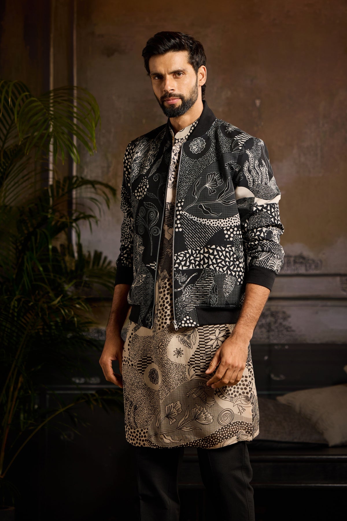 Black Print Bomber Jacket set