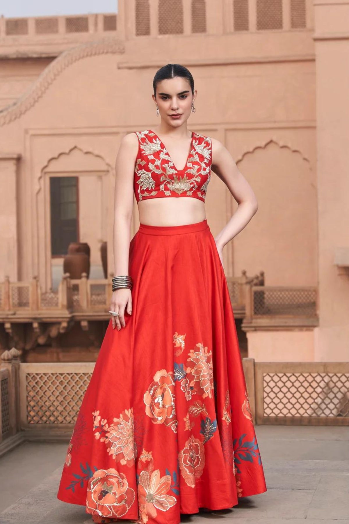Red Moroccan Centre Print Lehenga Set