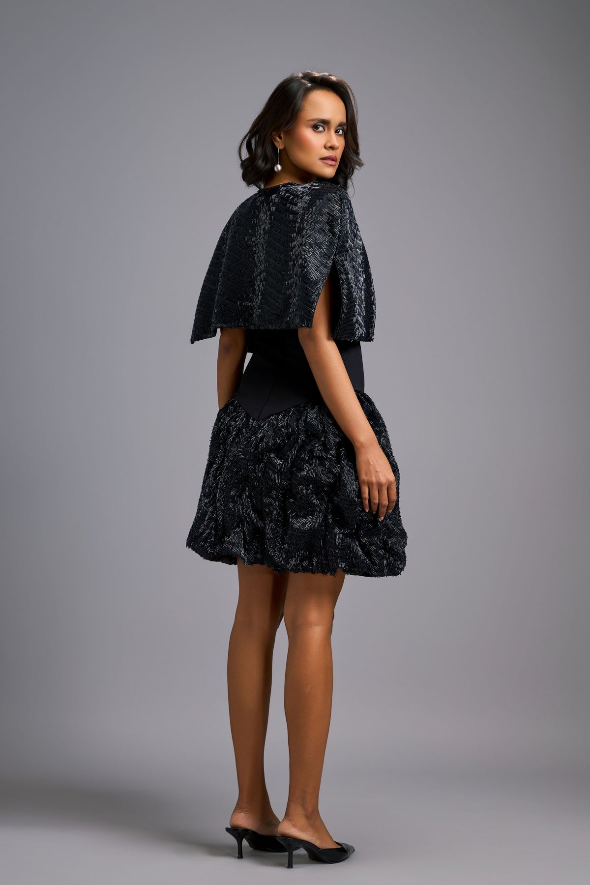 Shimmer Embroidered Black Cape Dress