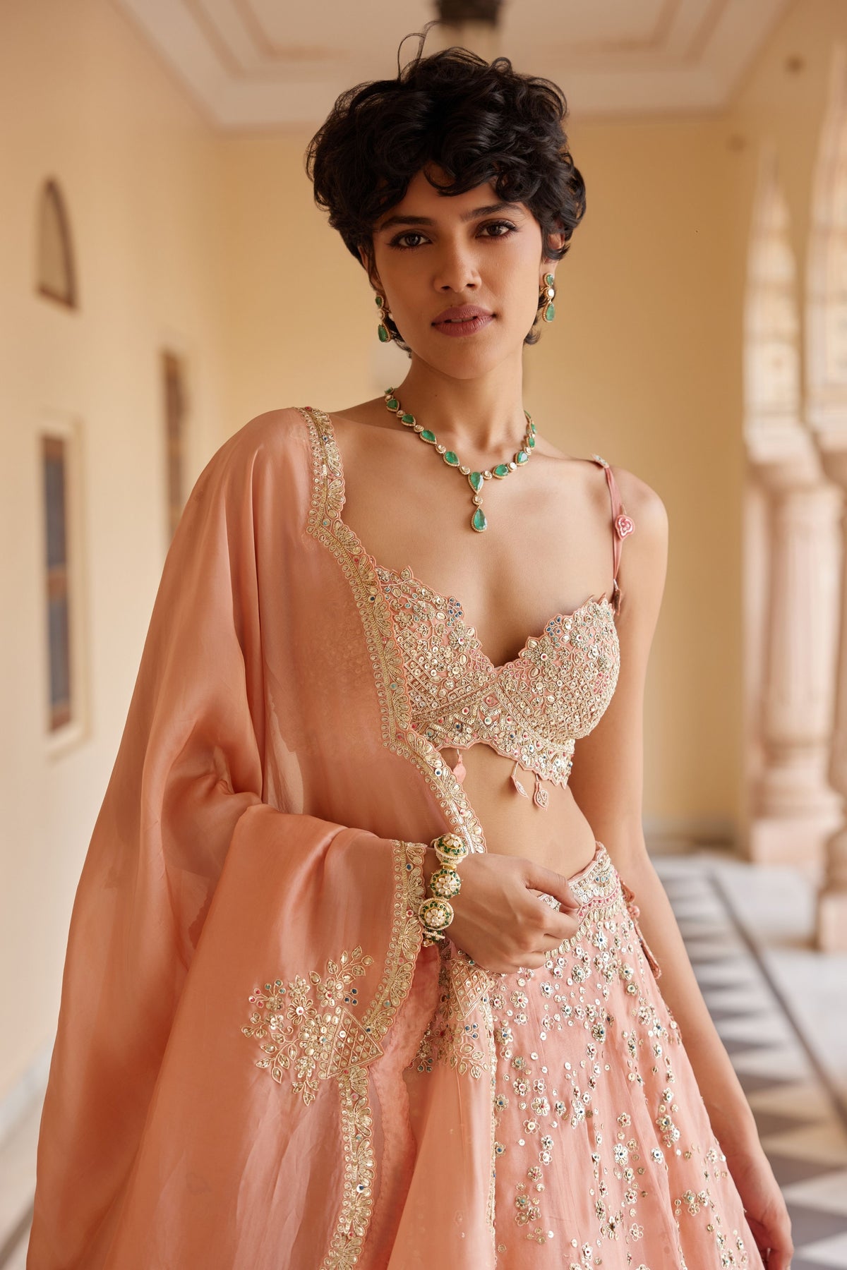 Salmon Embroidered Lehenga Set