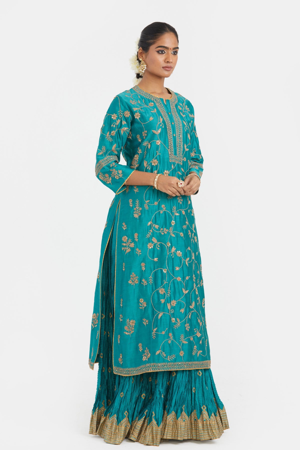 Teal Silk Chanderi Lehenga Set