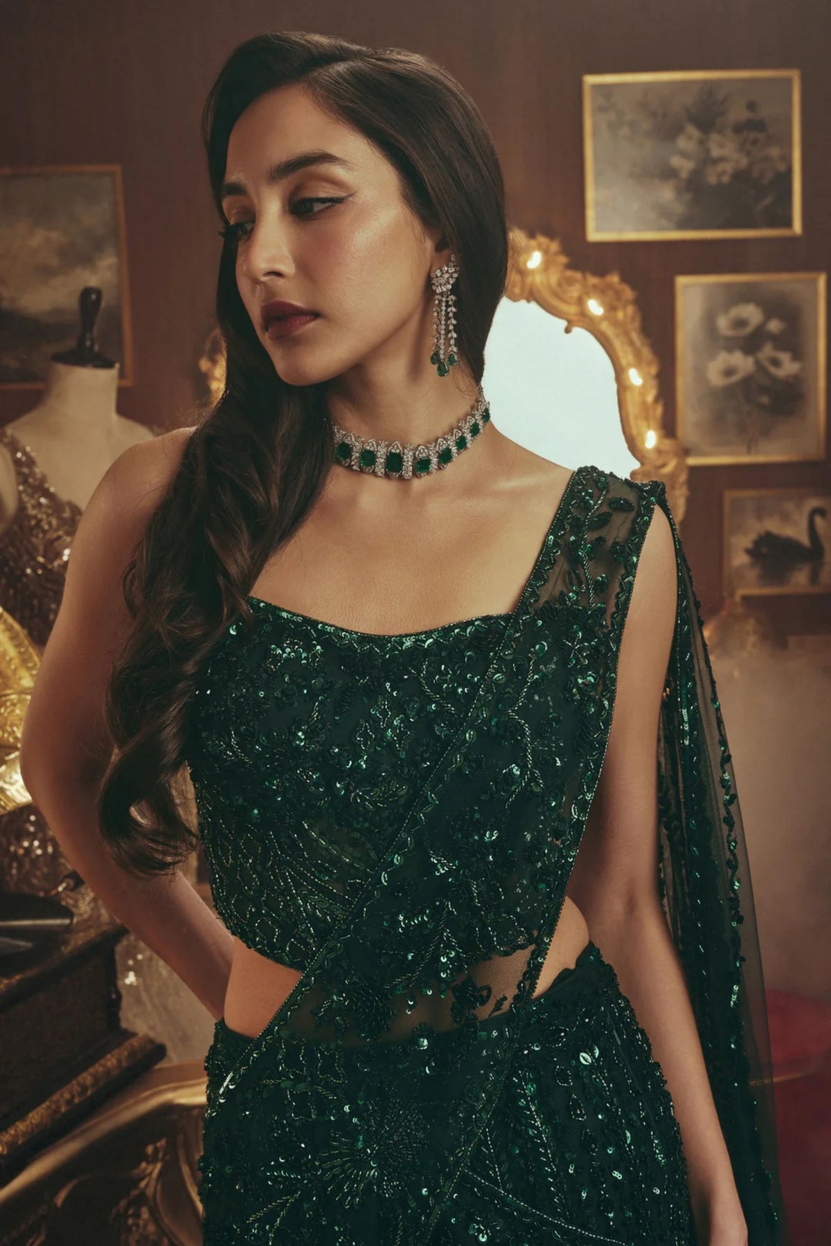 Helena Emerald Draped Saree Set