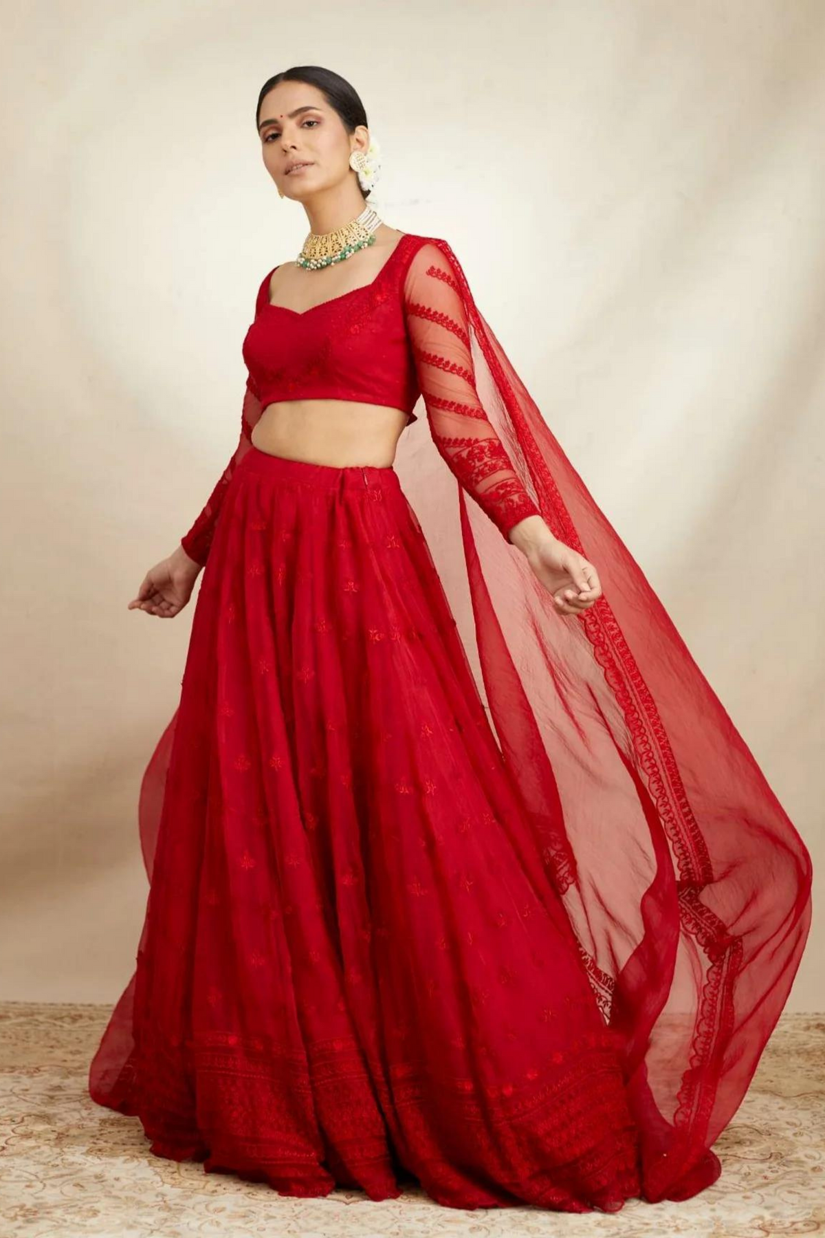 Red Organza Lehenga Set