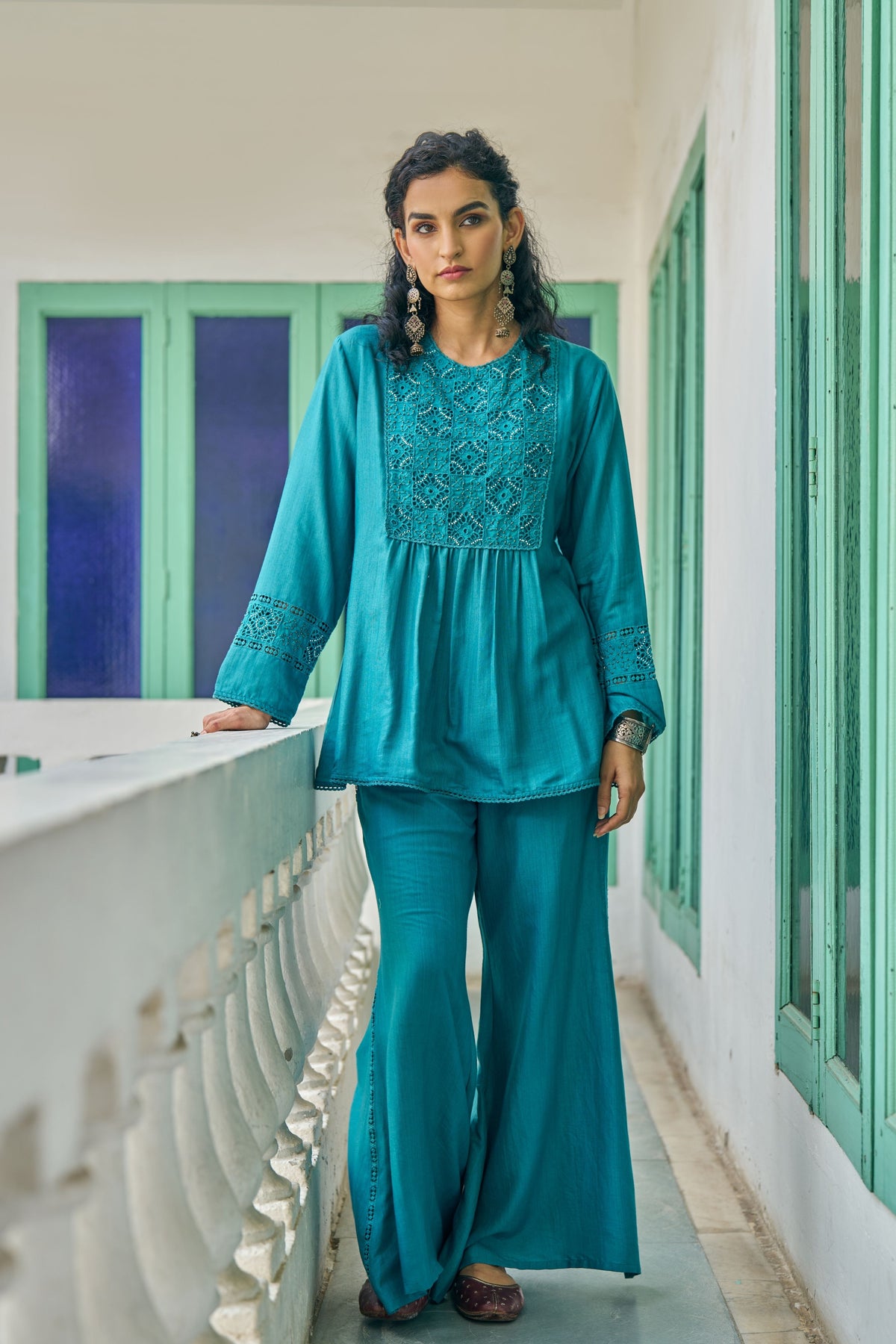 Teal Cutwork Tunic Set