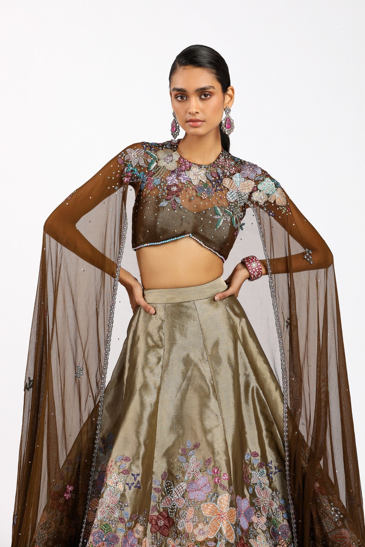 Aubepine Copper Metallic Lehenga