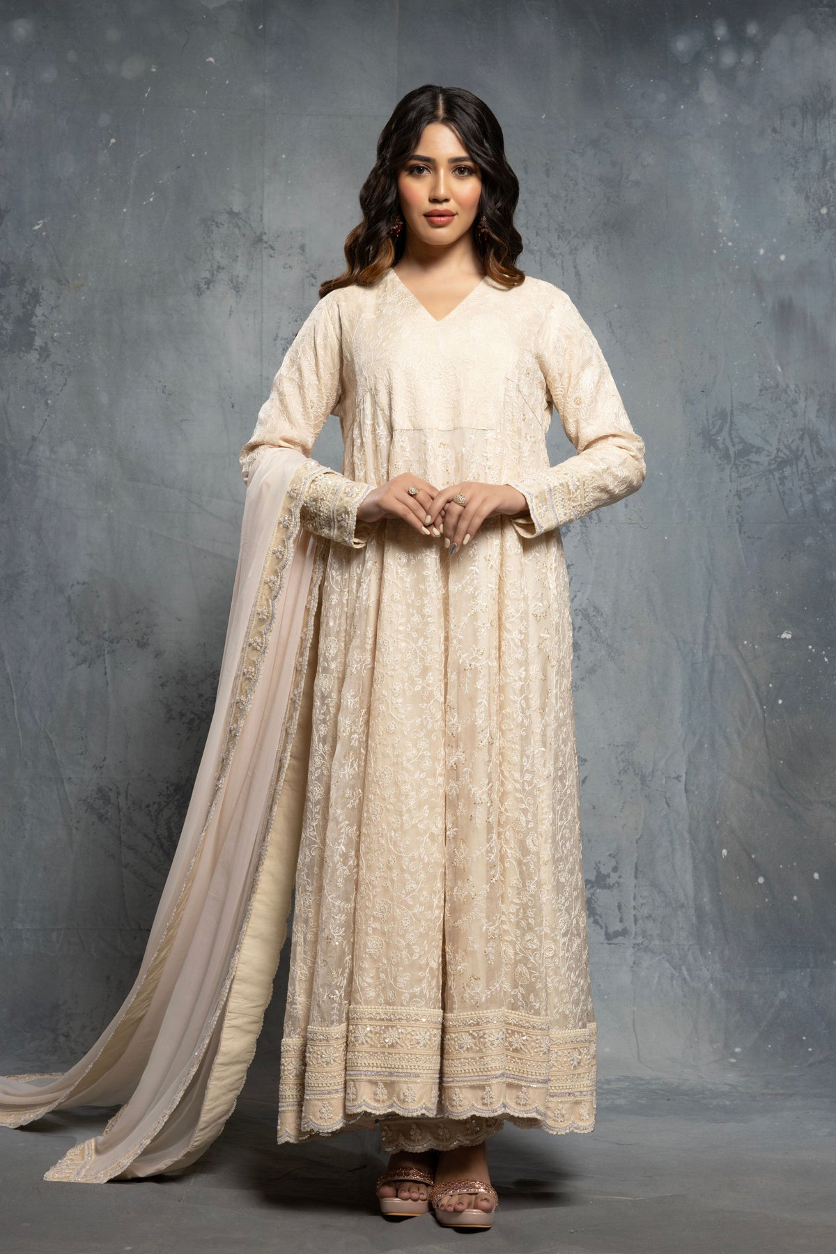 Ecru V-Neck Embroidered Anarkali Set
