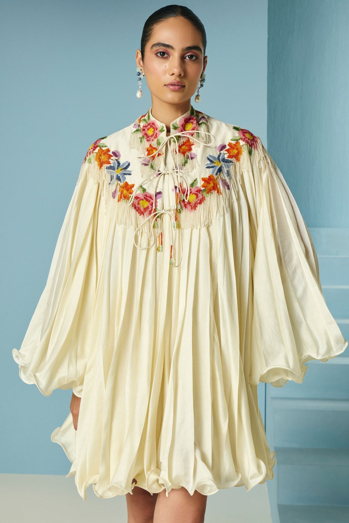 Pleated Dress With Floral Cape