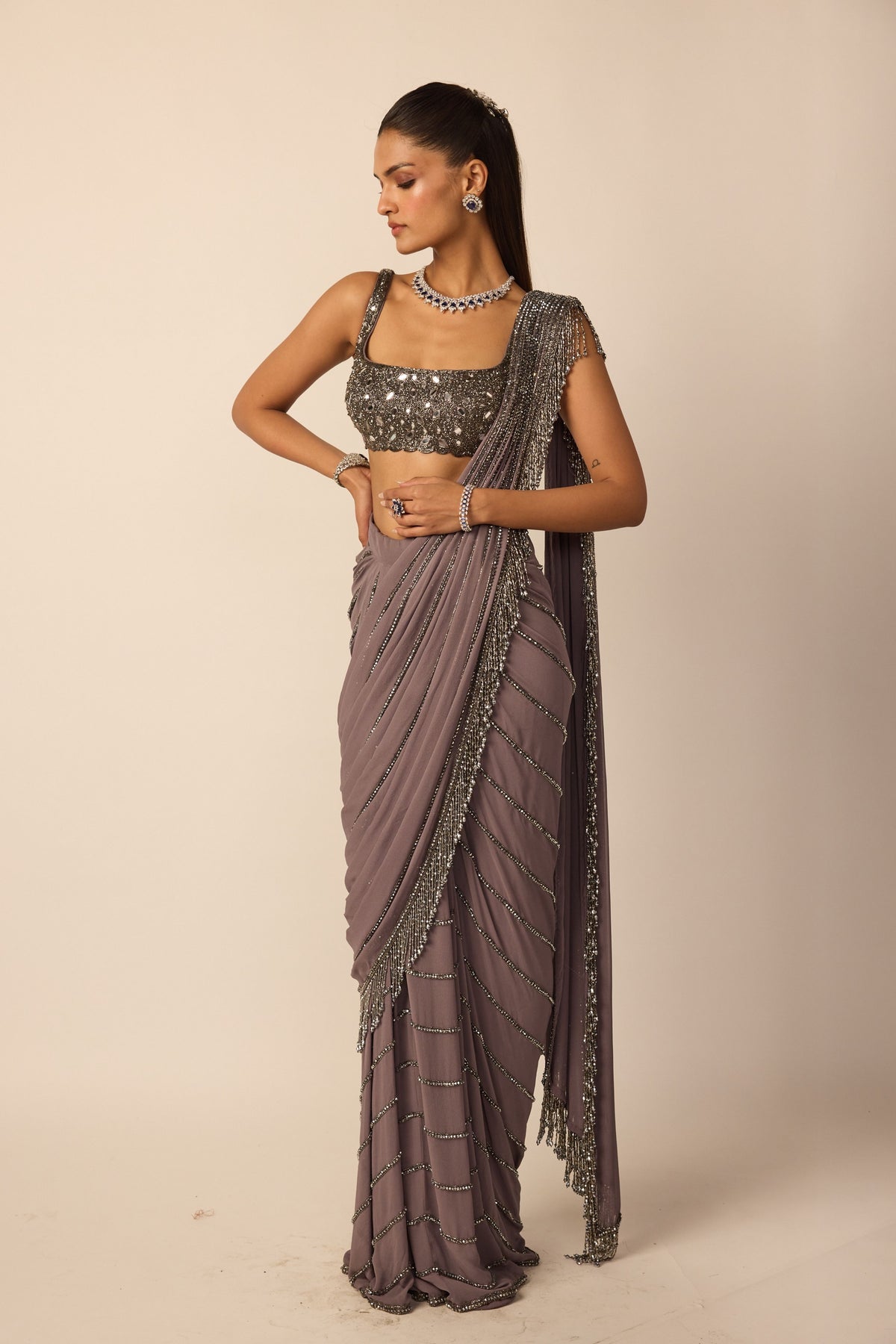 Metallic Grey Linear Draped Saree