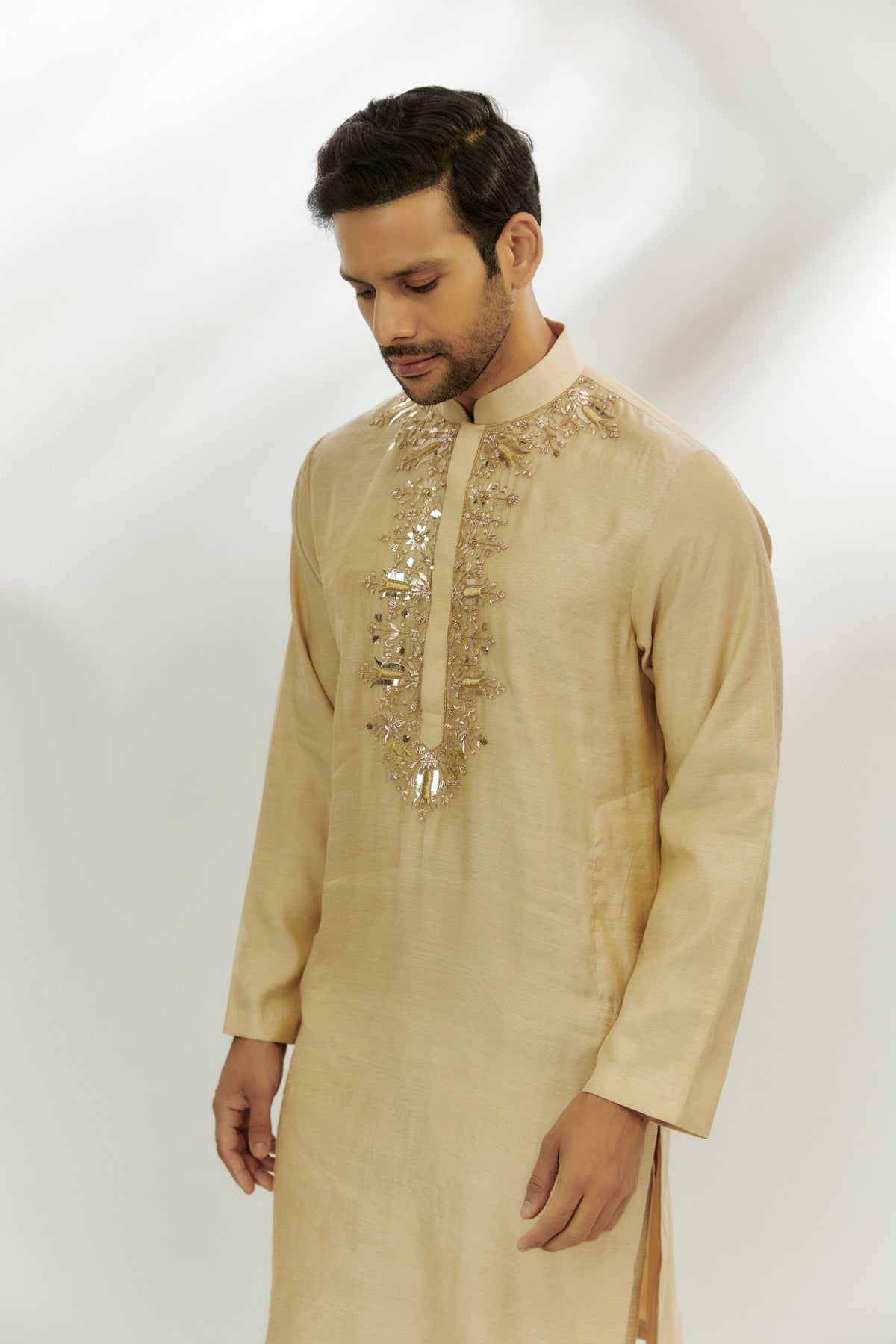 Beige Chanderi Tissue Embroidered Kurta Set
