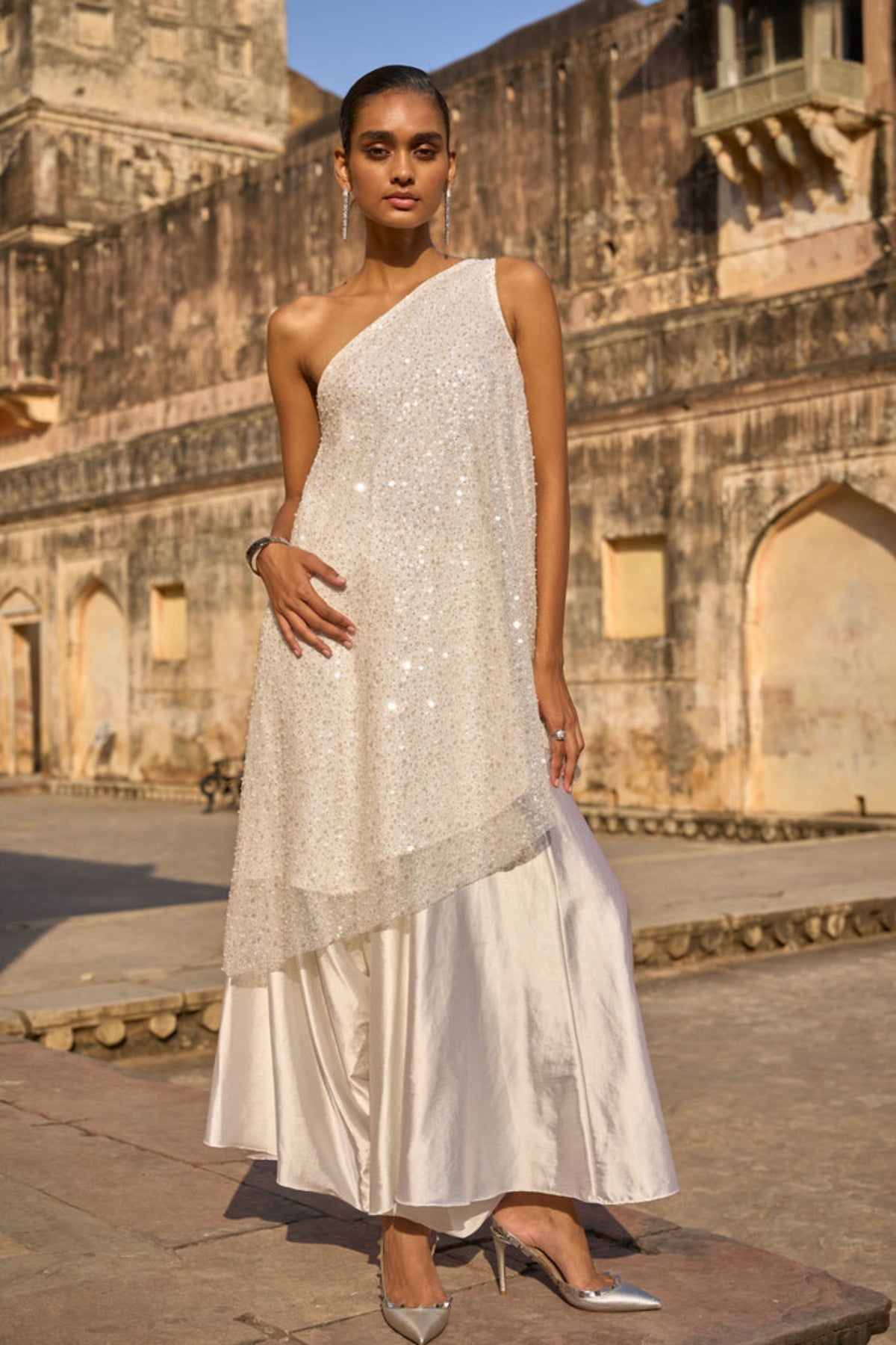 Pearl Embroidered One Shoulder Set