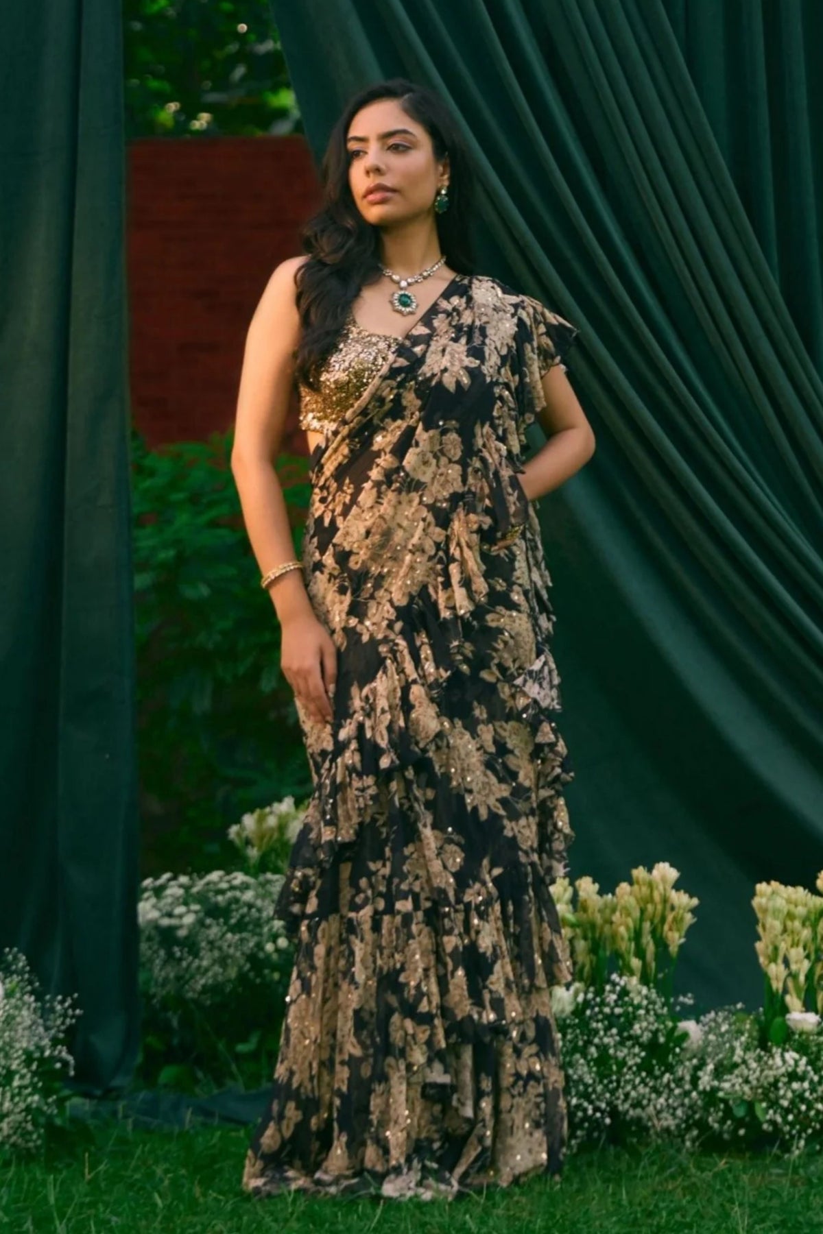 Black Chiffon Floral Frill Saree