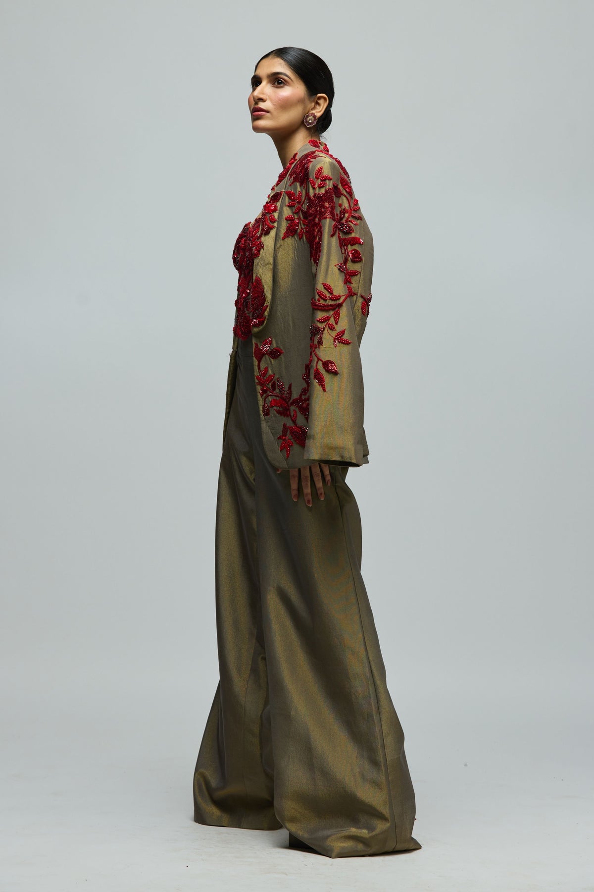 Red Stone Embellished Jacket Set
