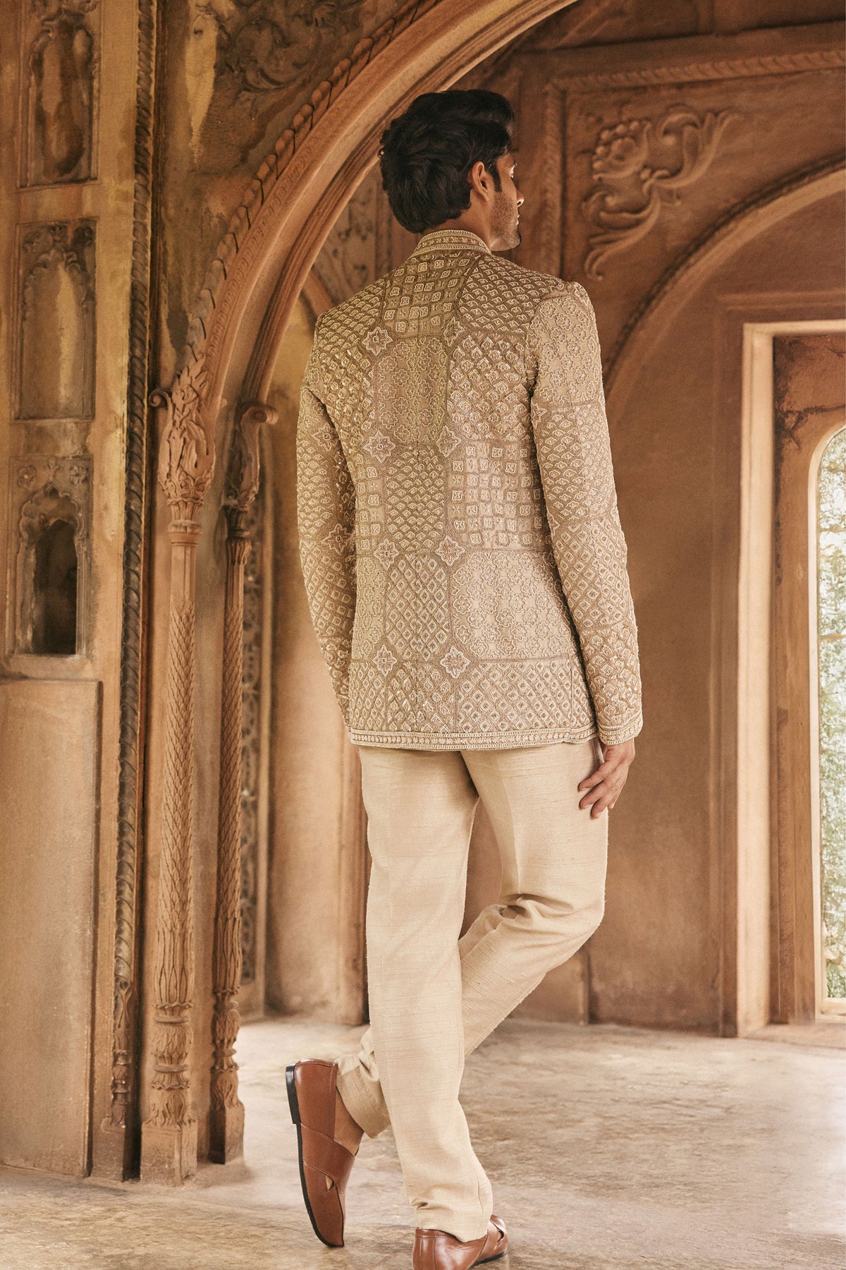 Beige Embroidered Jacket Set