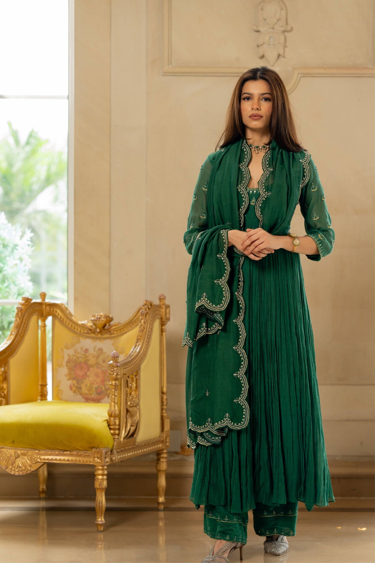 Emerald Green Mallie Chanderi Anarakli Set