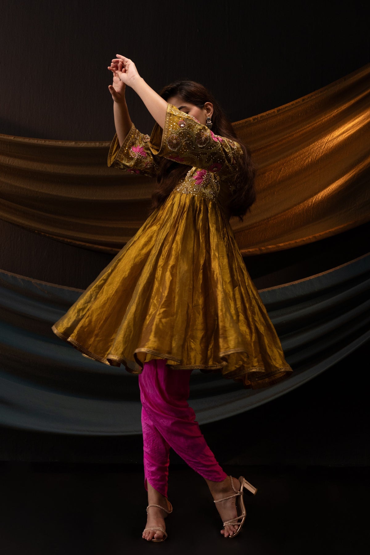 Gold Floral Motif Short Anarkali Set