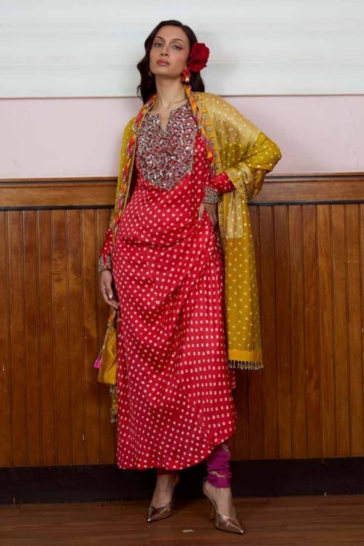 Chameli Red Leheriya Anarkali Set