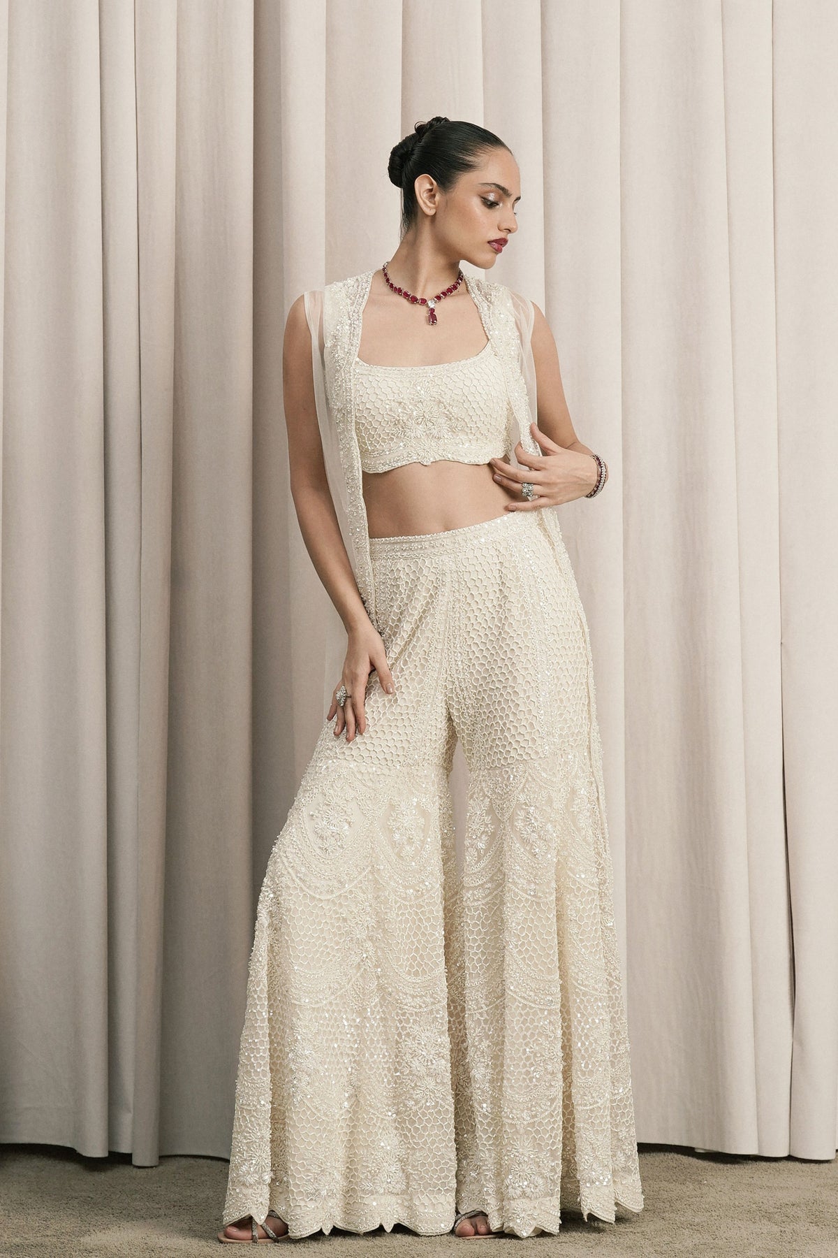 Ivory Embroidered Jacket Sharara Set